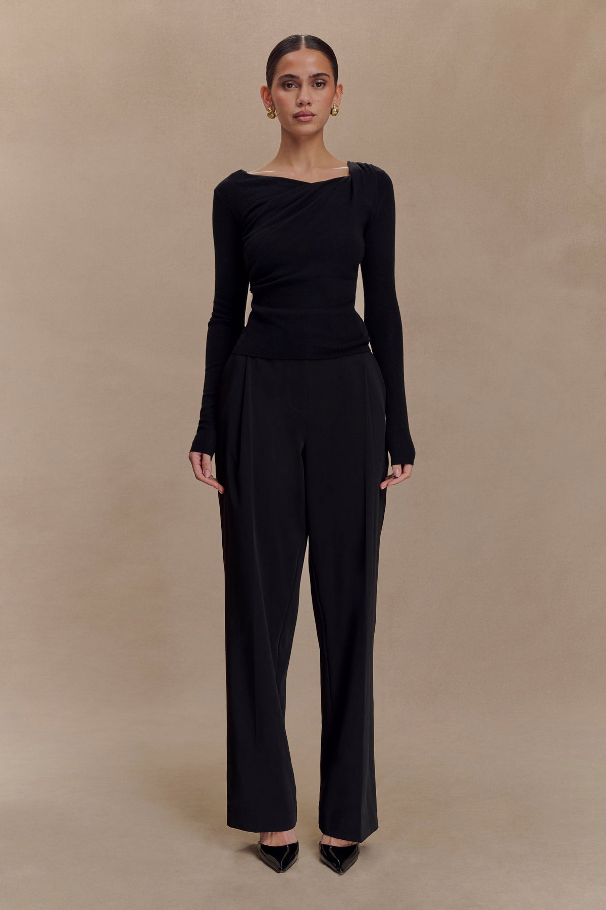 Culver Draped Twist Knit Top - Black