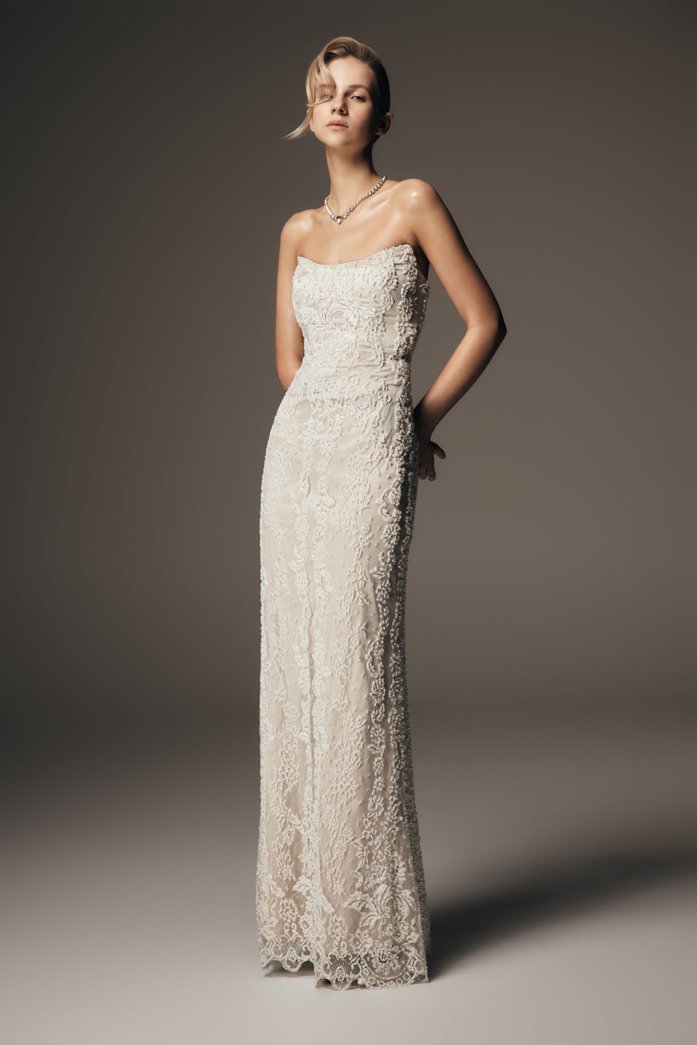 Eva Hand Beaded Pearl & Lace Maxi Dress