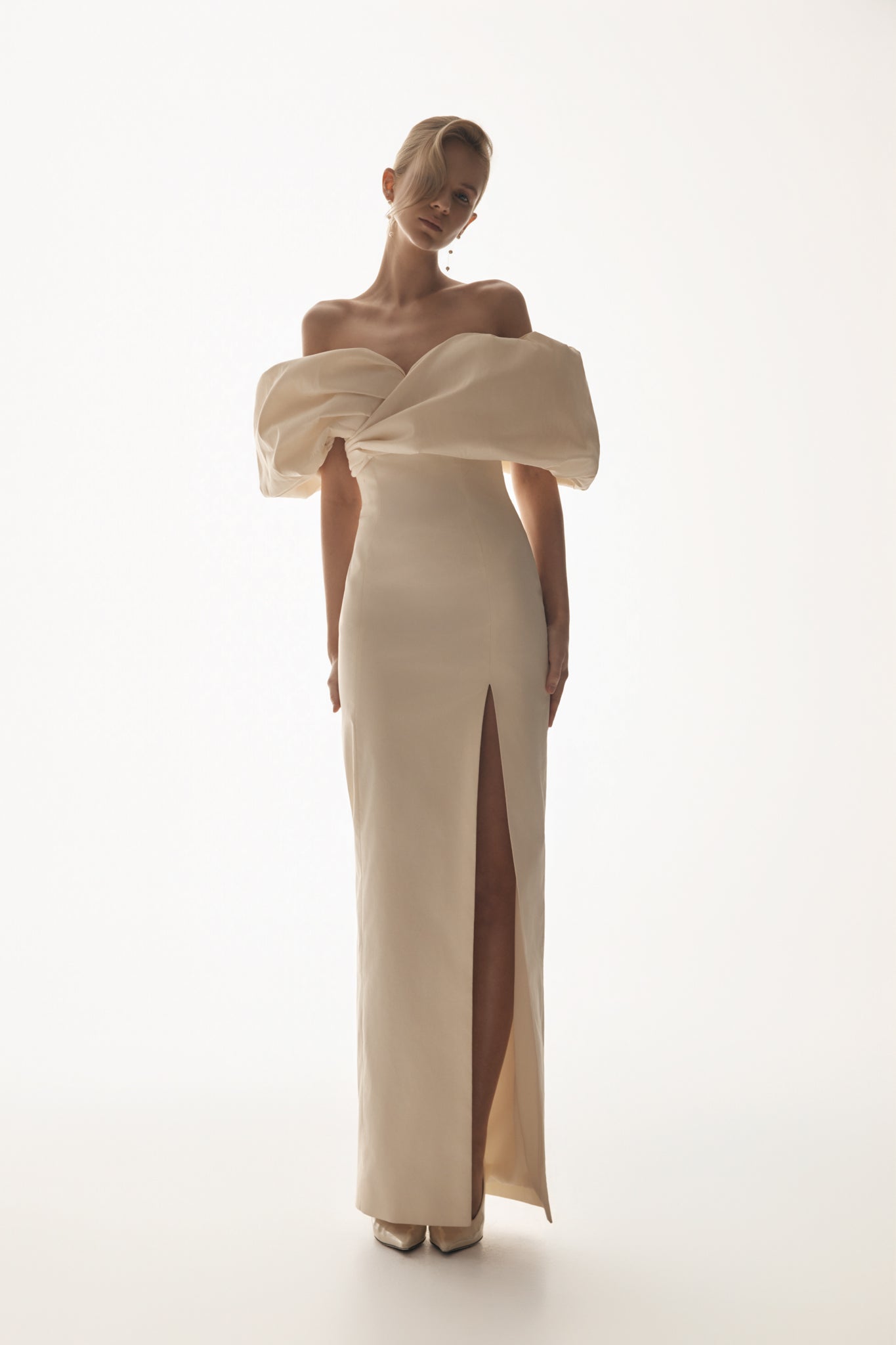 Angelica Taffeta Off Shoulder Bridal Gown - Soft Beige