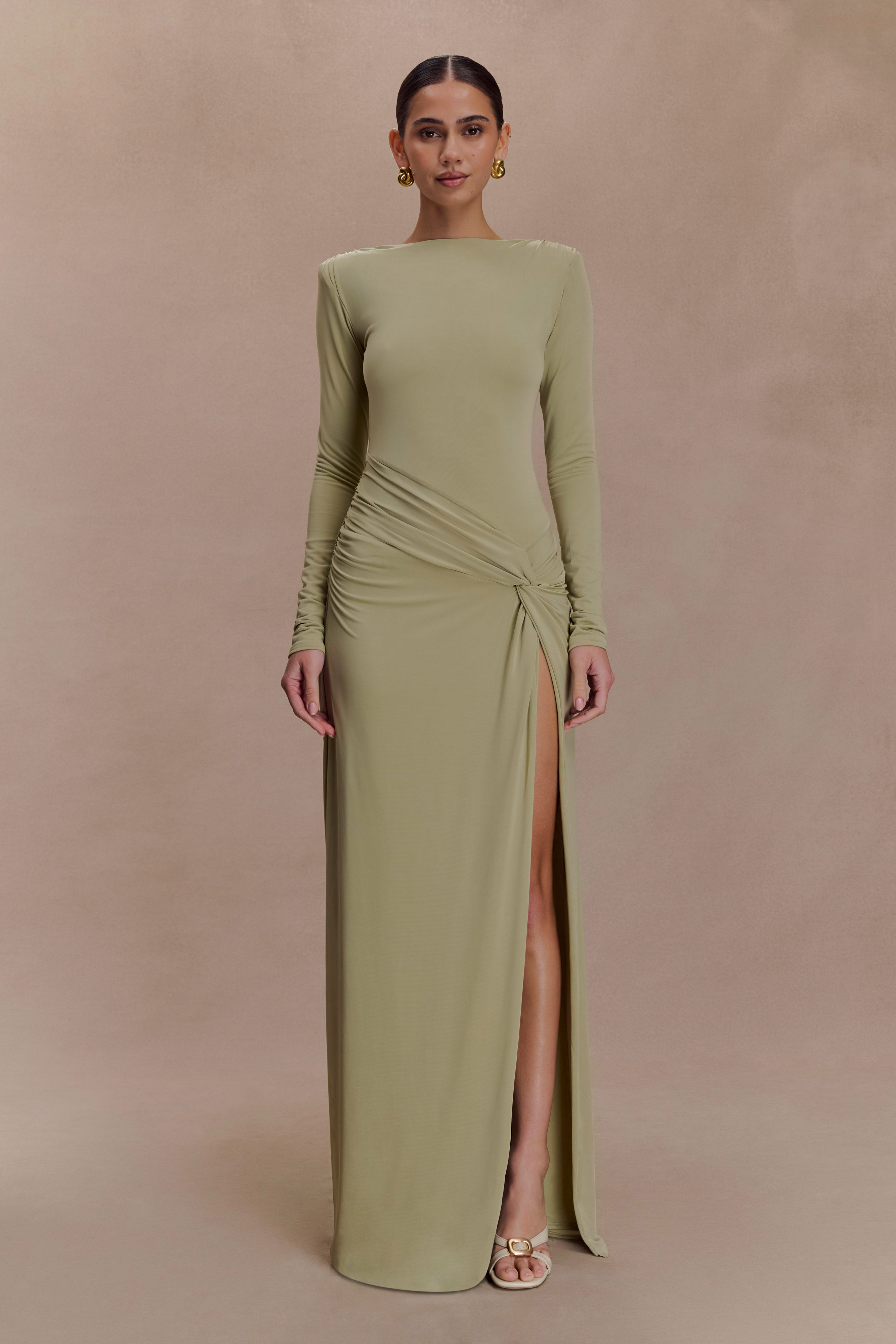 Emerald Green Maxi Dress With Sleeves Deanna Long Sleeve Gathered Maxi Dress Sage MESHKI US Emerald Green Maxi Dress With Sleeves Deanna Long Sleeve Gathered Maxi Dress Sage MESHKI US