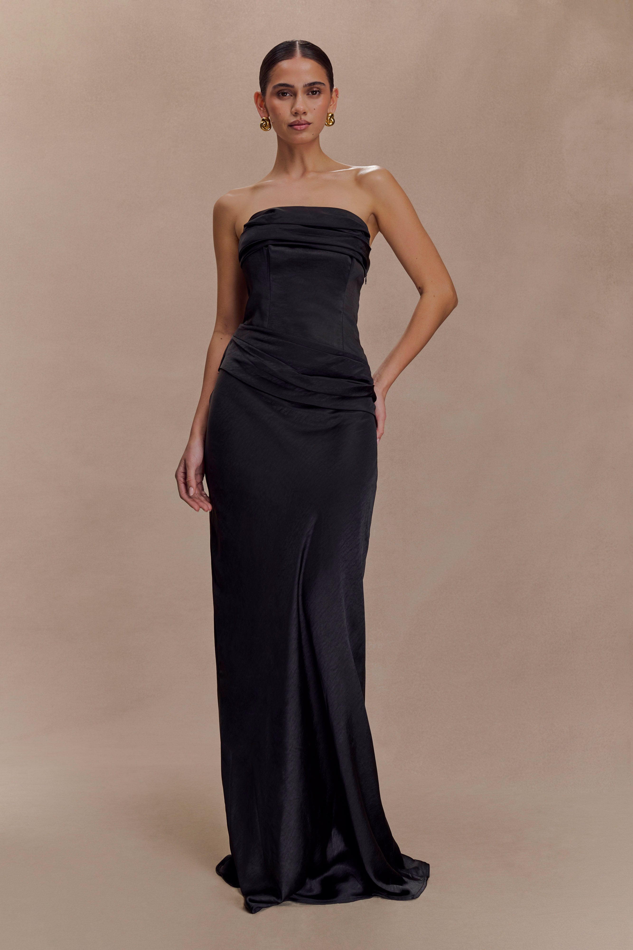 black strapless bridesmaid dresses Jasmine Satin Maxi Dress / | MESHKI The strapless neckline highlights Shiloh Black Faux Suede strappy sandals Material:48% Nylon 28% Polyester 24% Nylon
