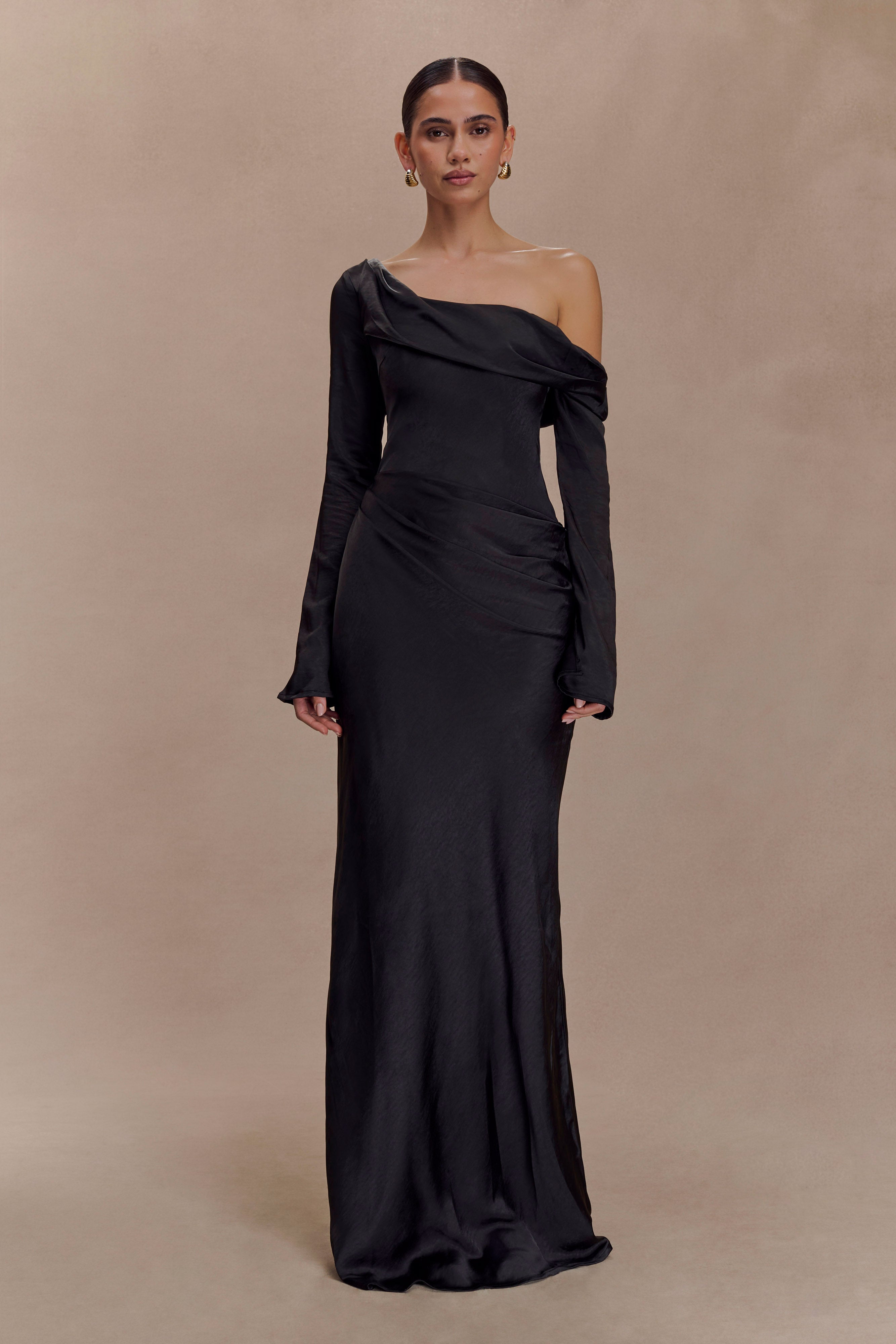 Iris Long Sleeve Satin Maxi Dress / Black | MESHKI