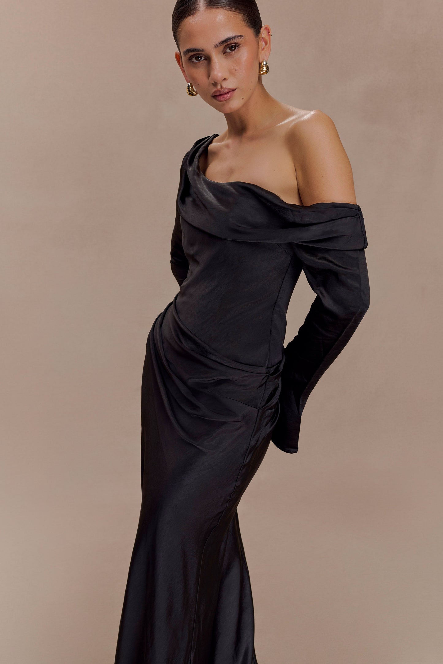 Iris Long Sleeve Satin Maxi Dress - Black
