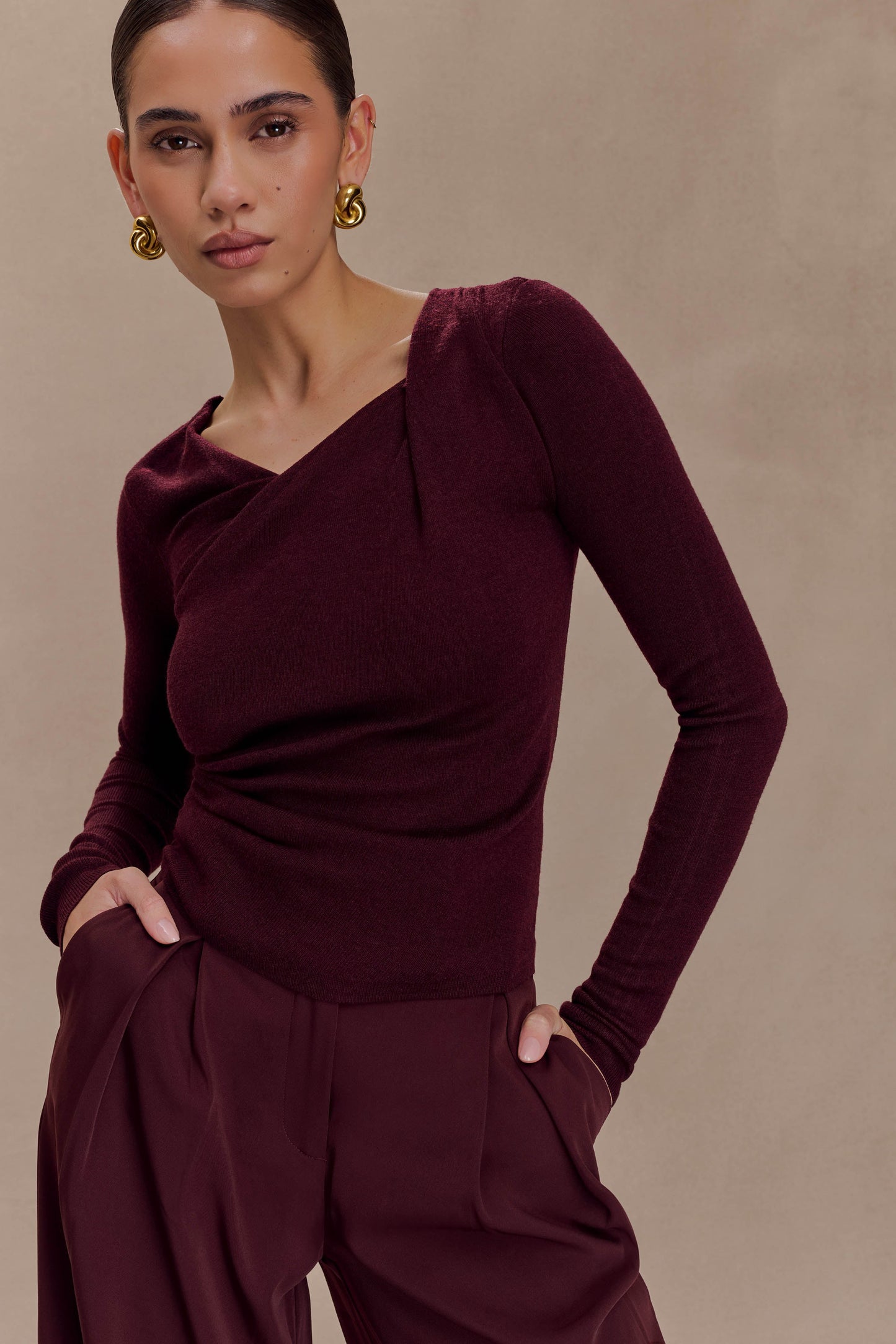 Culver Draped Twist Knit Top - Wine