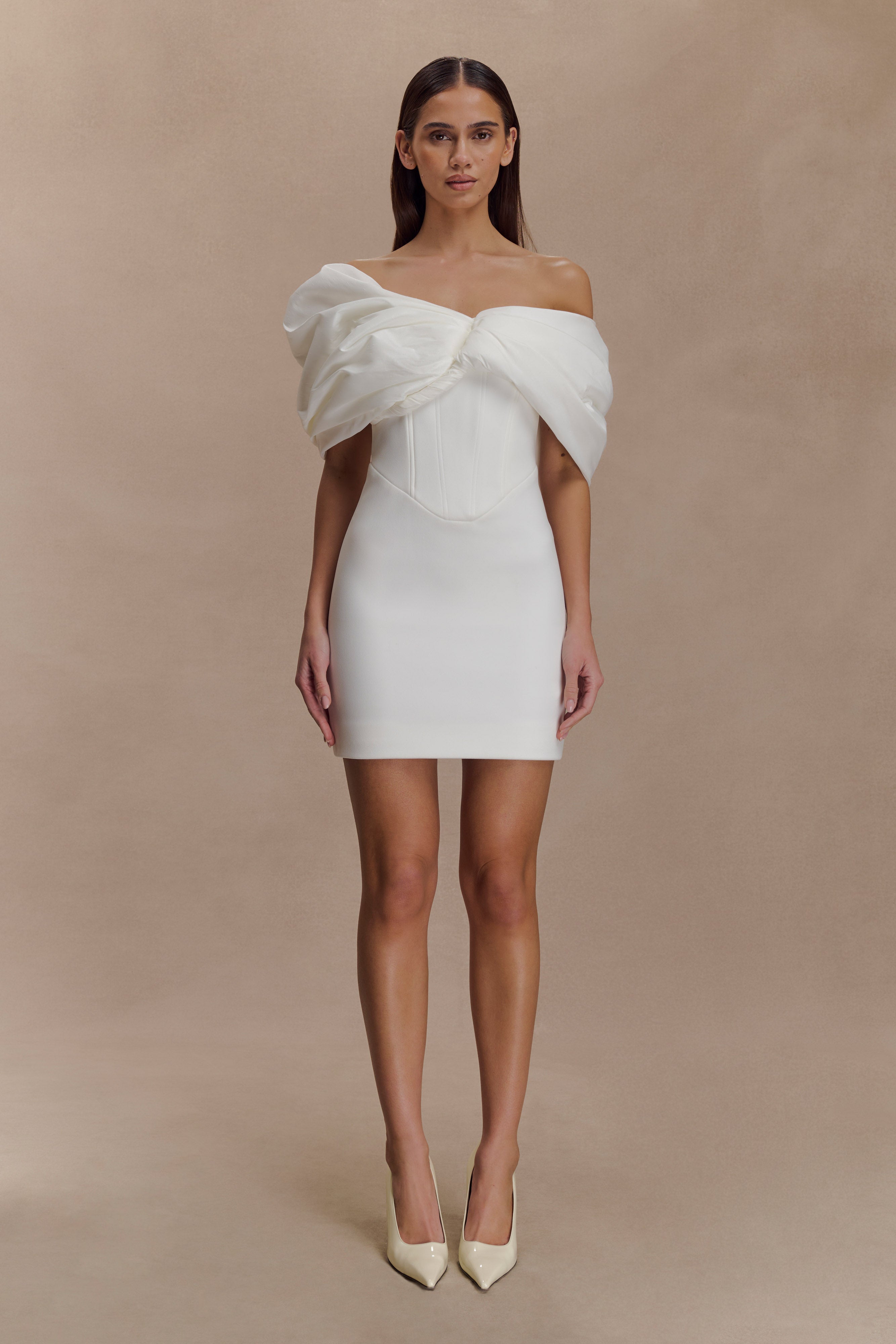 Aphrodite Off Shoulder Crepe Mini Dress / Ivory | MESHKI