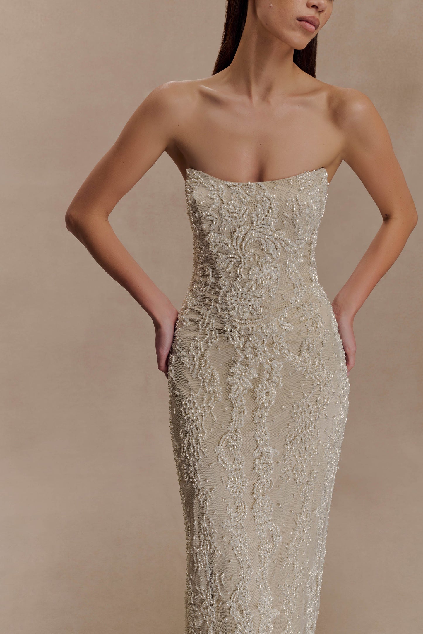 Eva Hand Beaded Pearl & Lace Maxi Dress - White