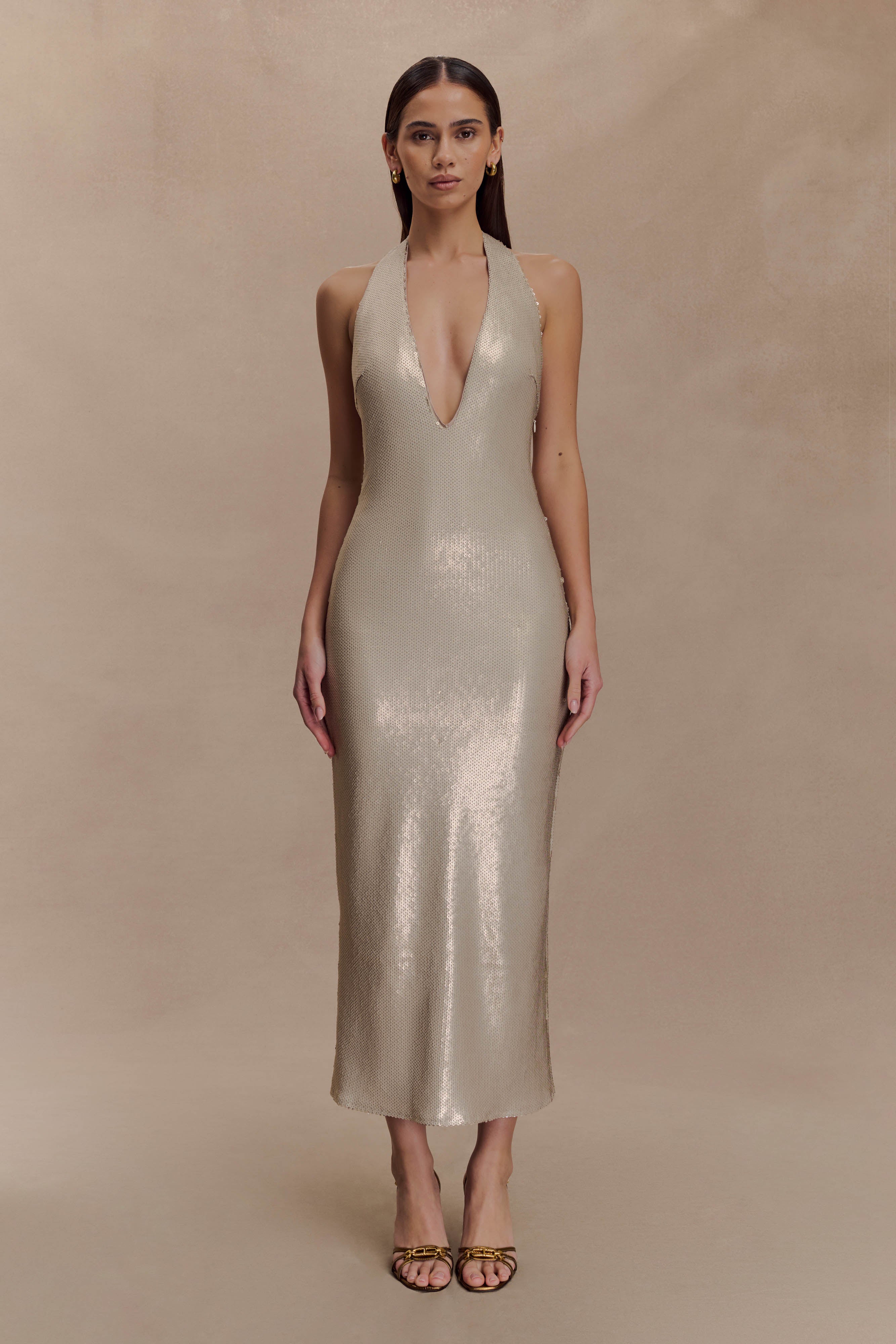 Carnation Sequin Halter Midi Dress Gold MESHKI US