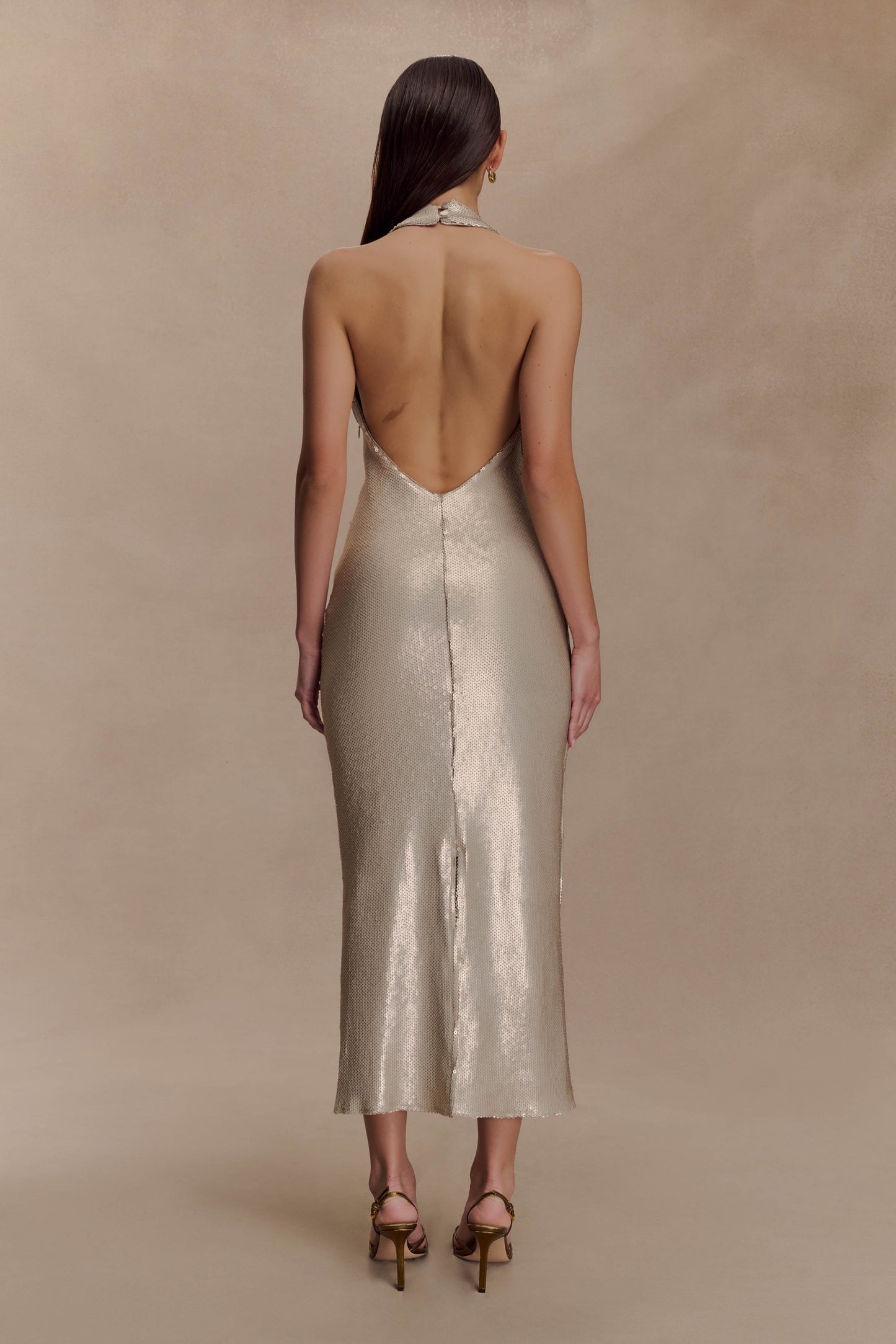 Carnation Sequin Halter Midi Dress - Gold