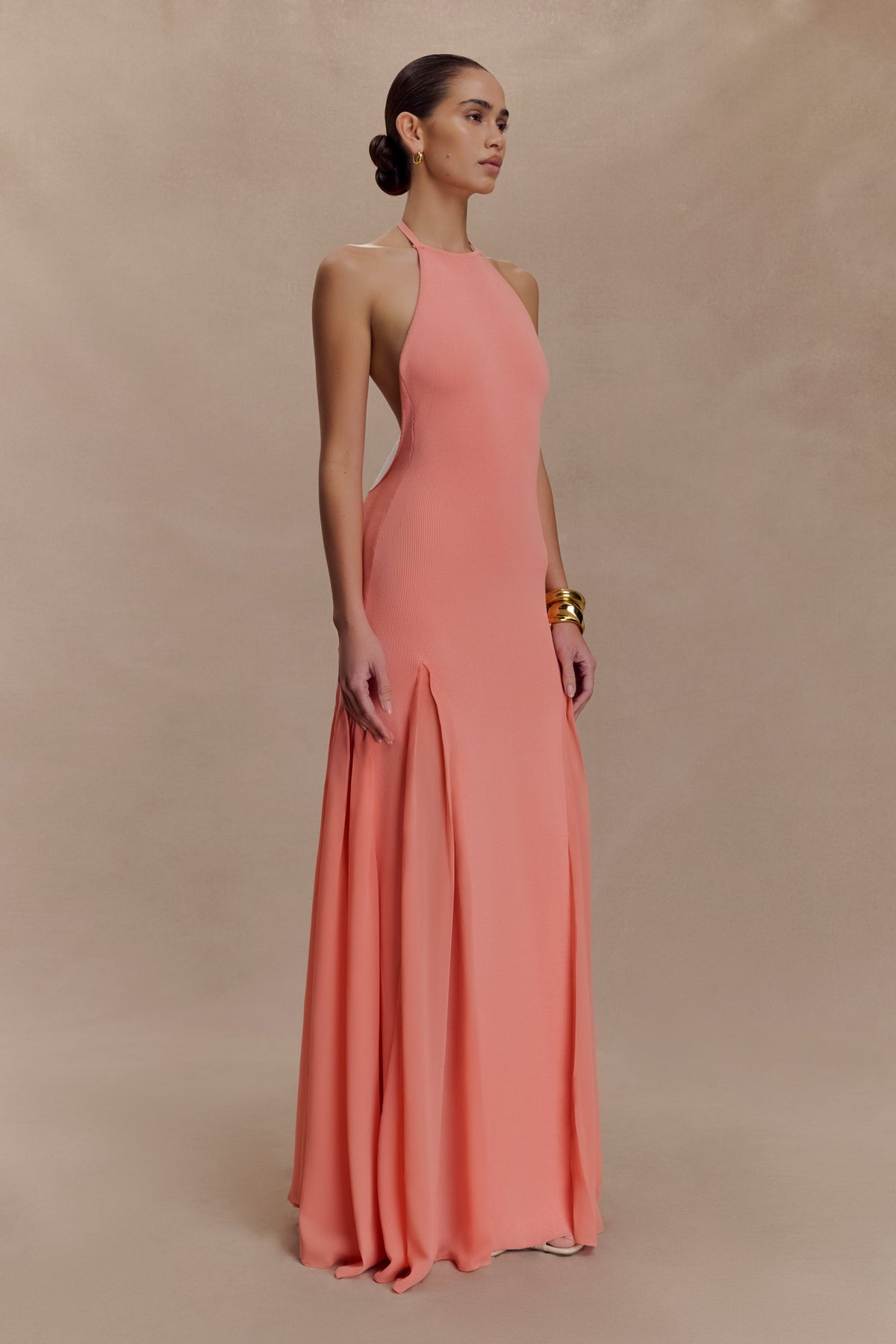 Soleil Knit And Mesh Halter Maxi Dress - Coral