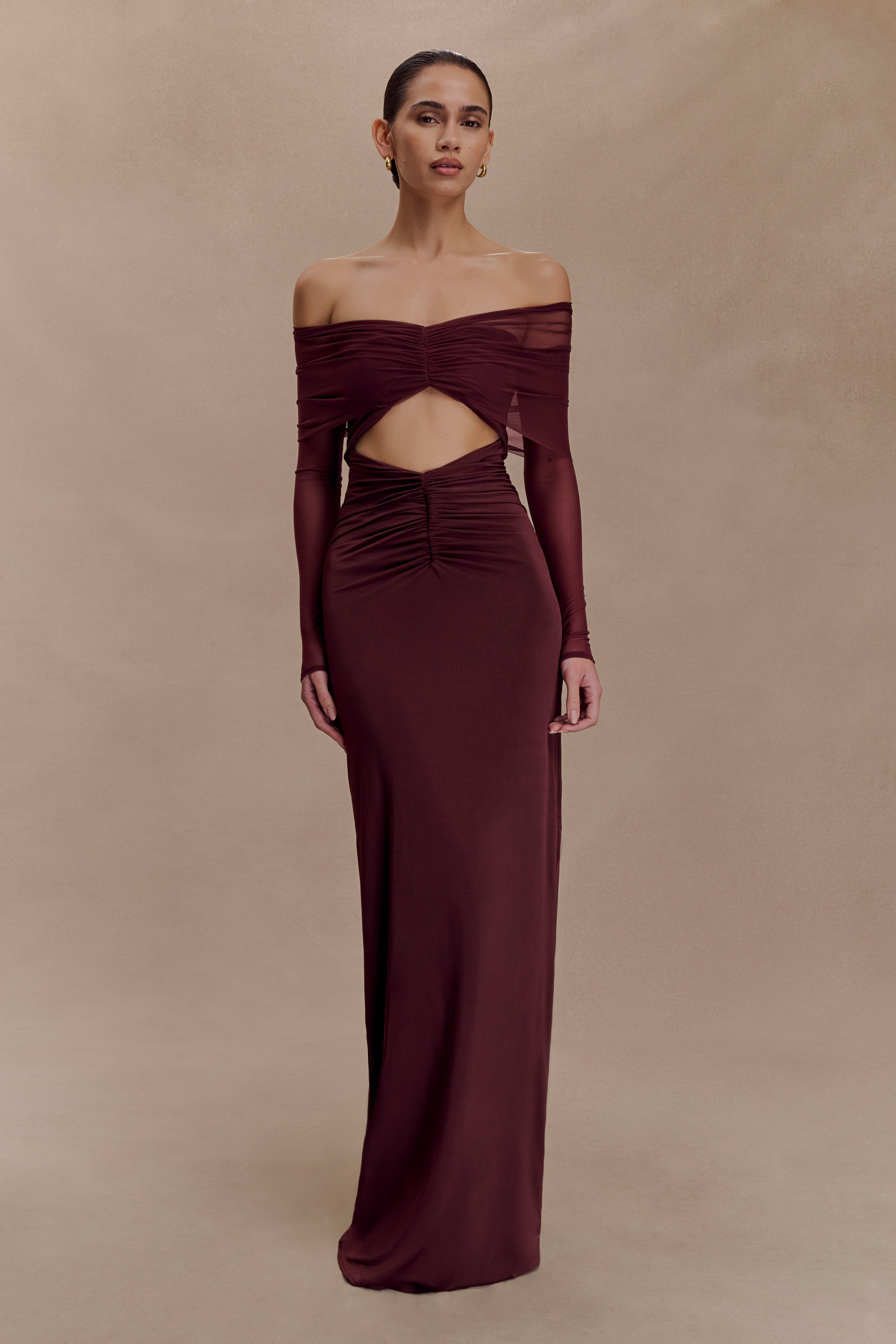 Rafaella Slinky And Mesh Maxi Dress - Mahogany | MESHKI US