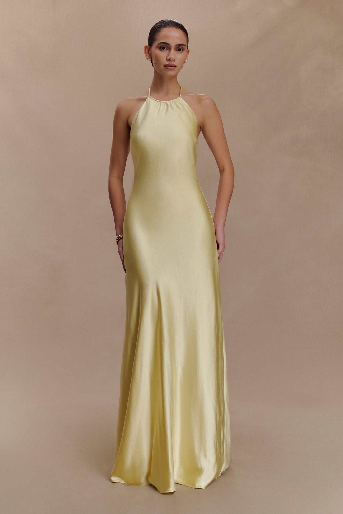 Bella Satin Halter Maxi Dress - Lemon
