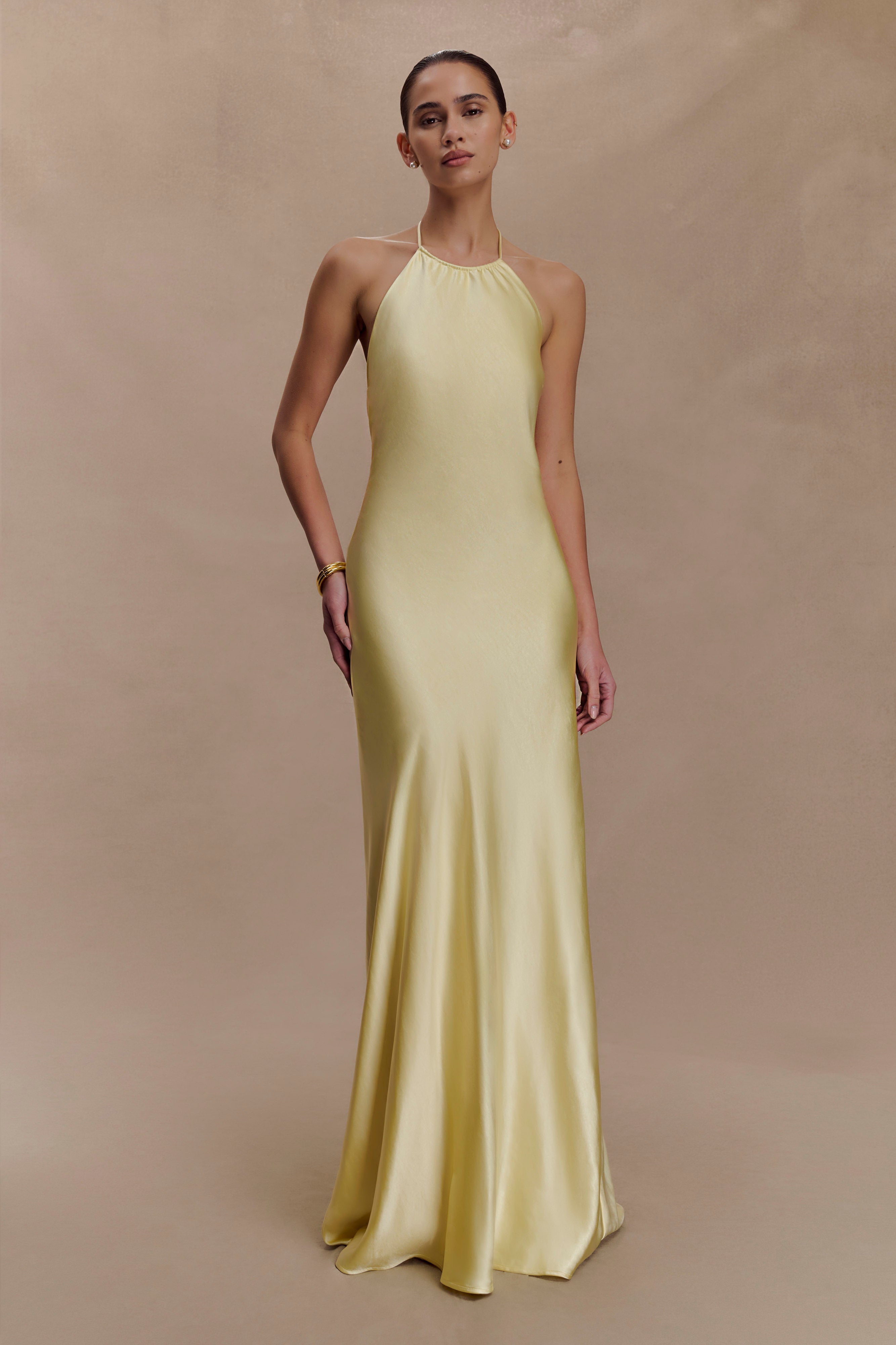 Bella Satin Halter Maxi Dress / Lemon | MESHKI