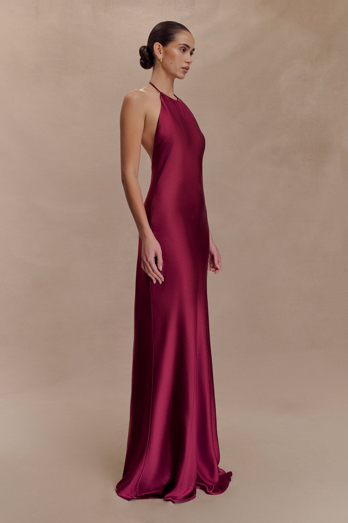 Bella Satin Halter Maxi Dress - Mahogany