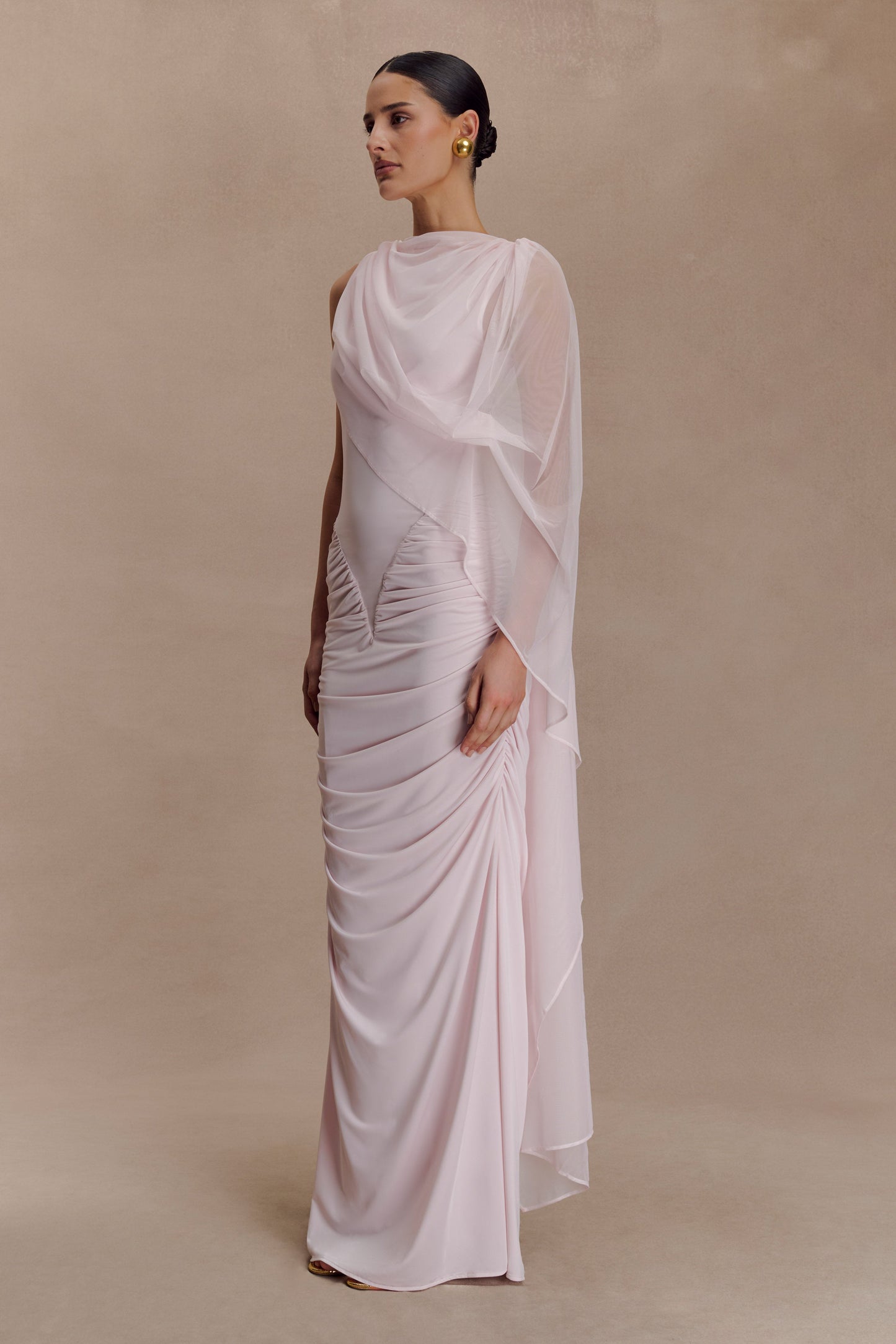 Amandine Ruched Slinky Maxi Dress - Pale Pink