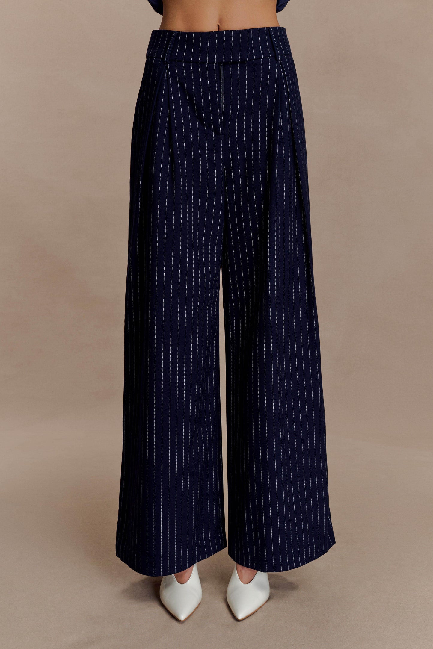 Jacqueline Pleated Wide Leg Pants - Navy Pinstripe