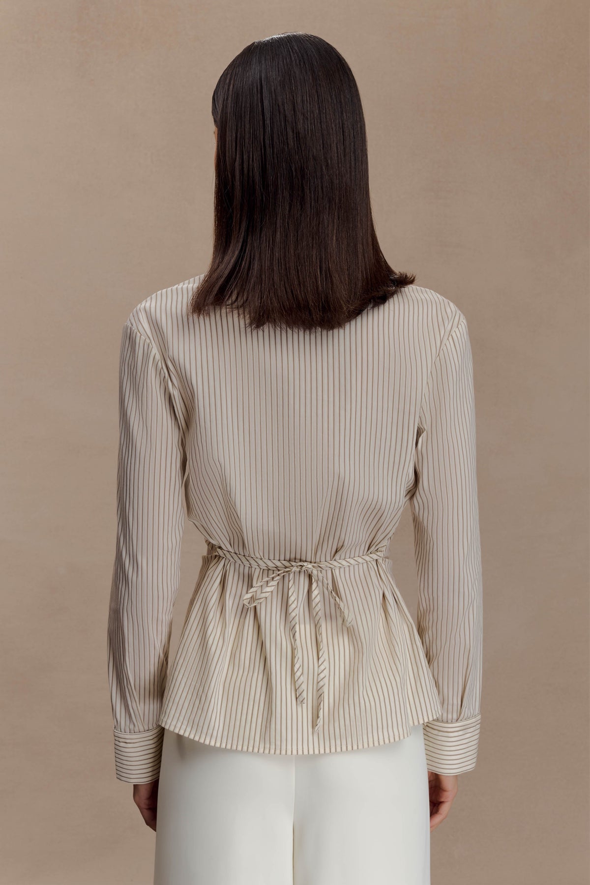 Millie Tie Back Cotton Shirt - Beige Pinstripe