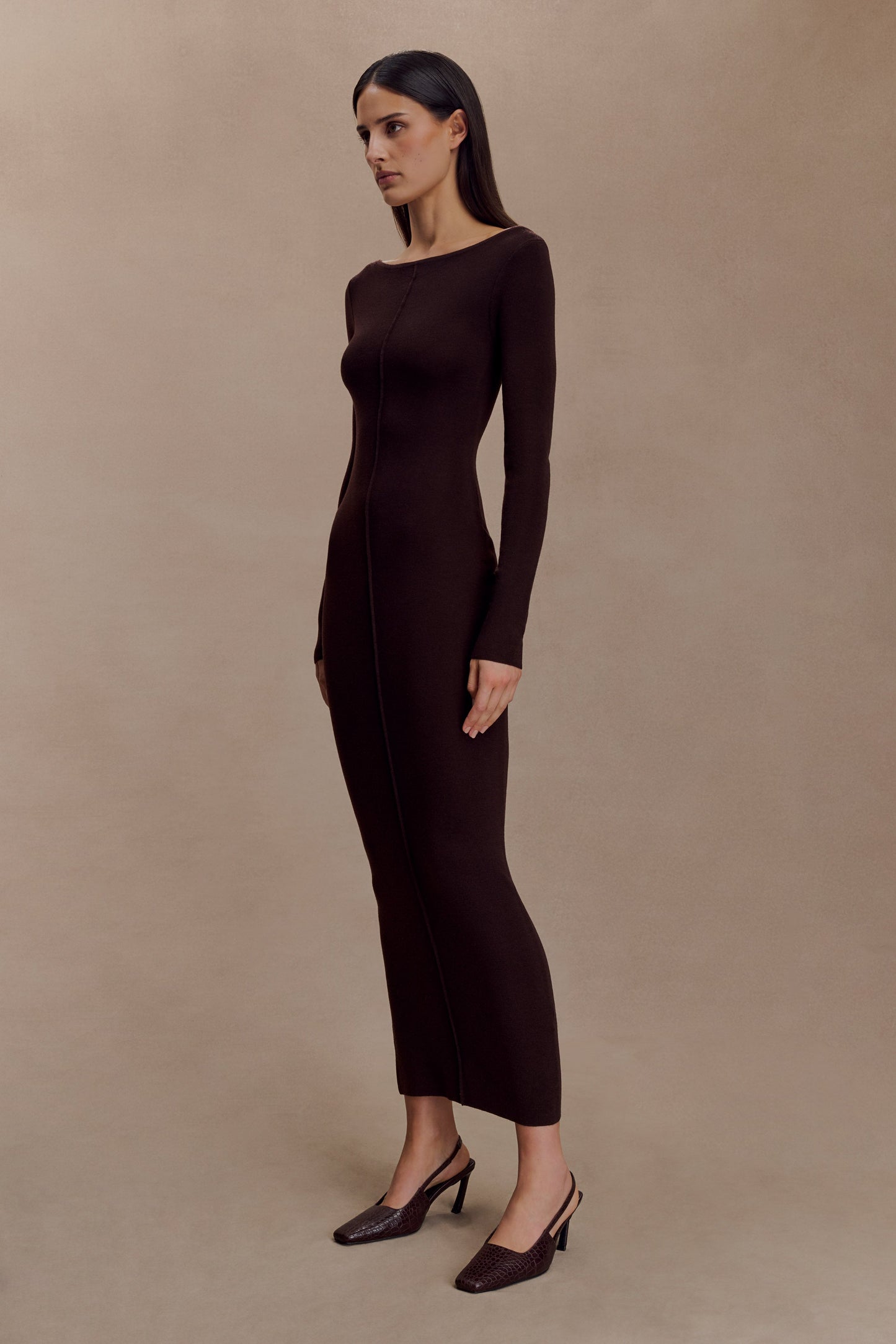 Cleona Merino Wool Ribbed Long Sleeve Maxi Dress - Deep Chocolate