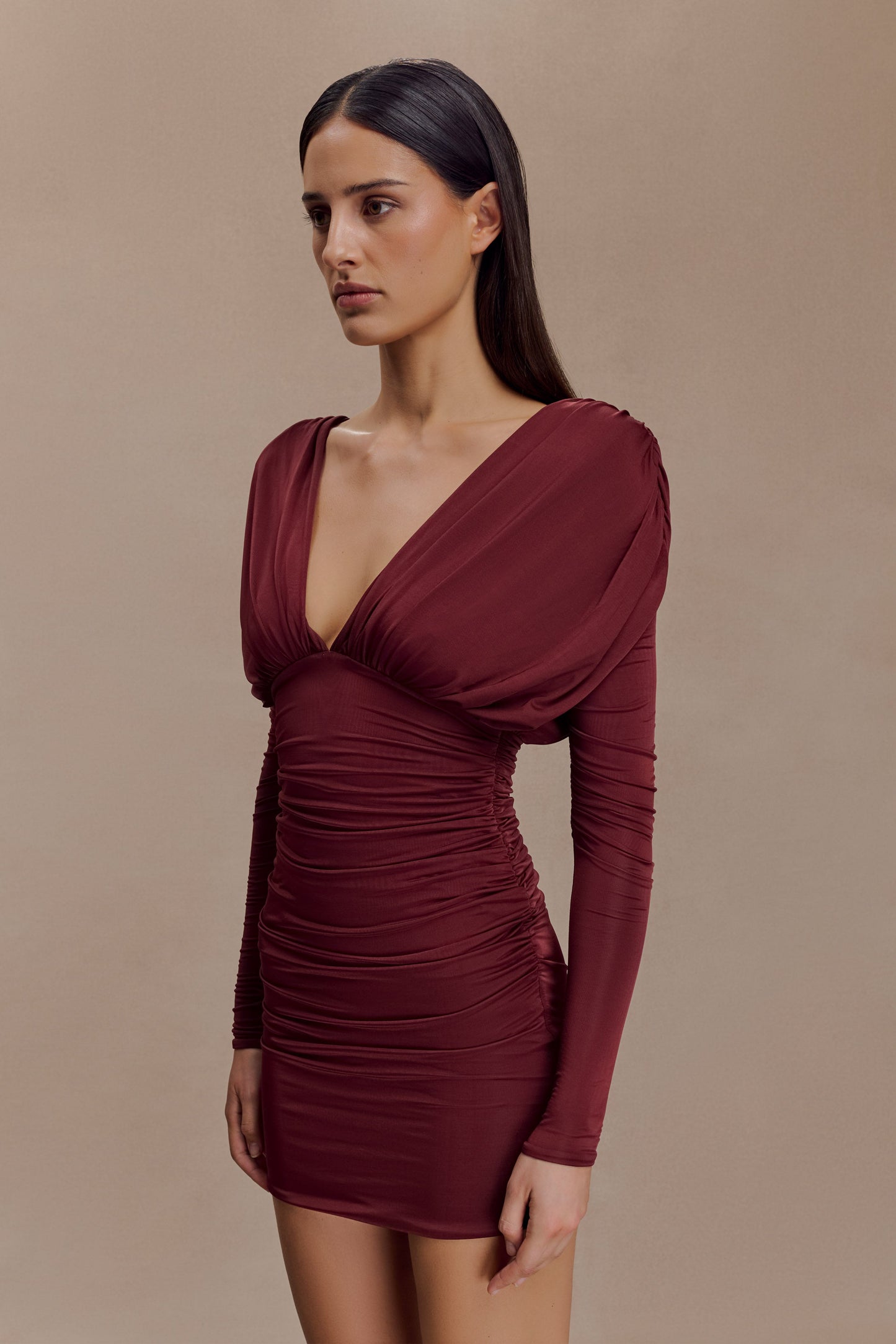 Hayden Long Sleeve Plunge Mini Dress - Burgundy