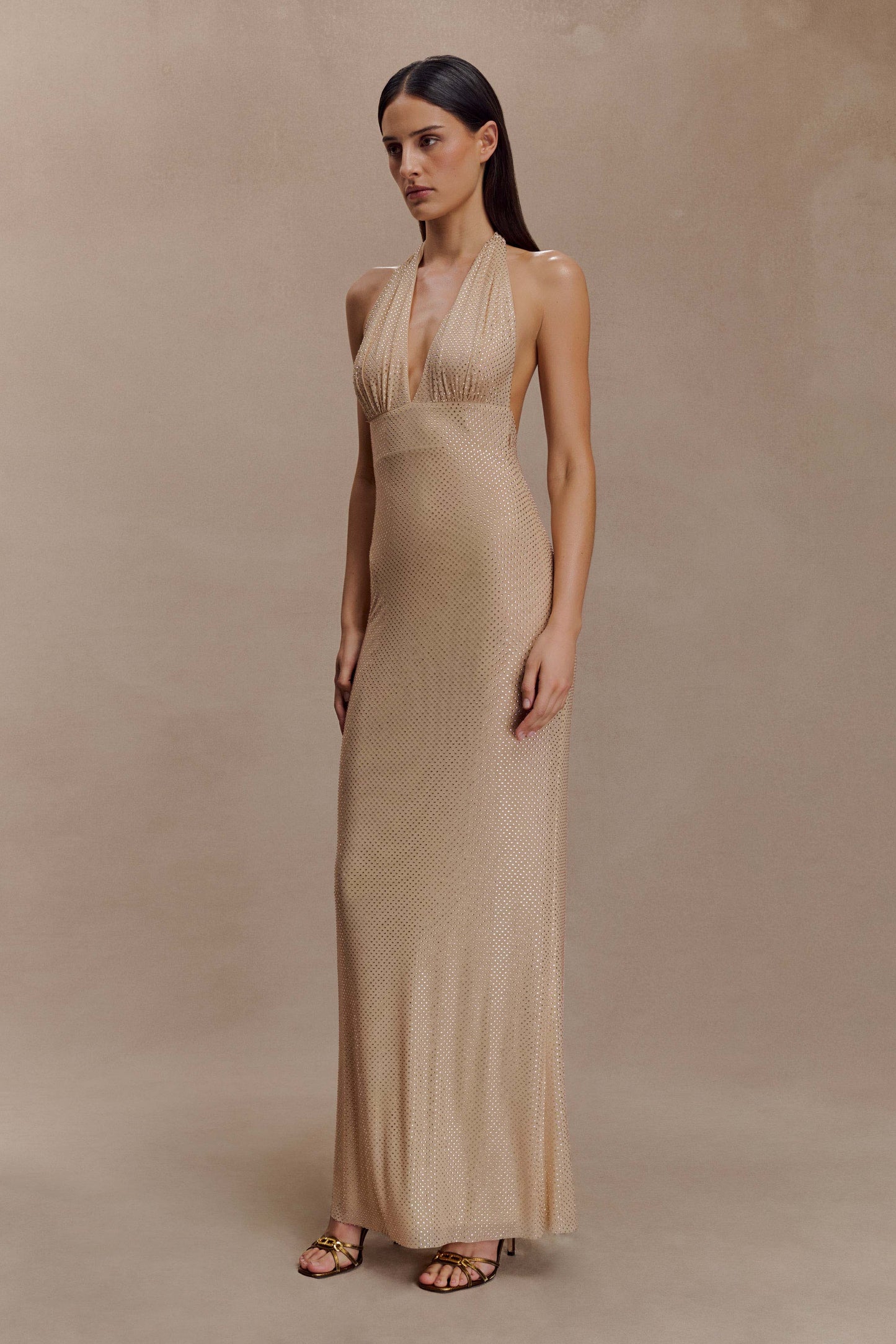 Harriet Halter Neck Diamante Maxi Dress - Sandy Gold