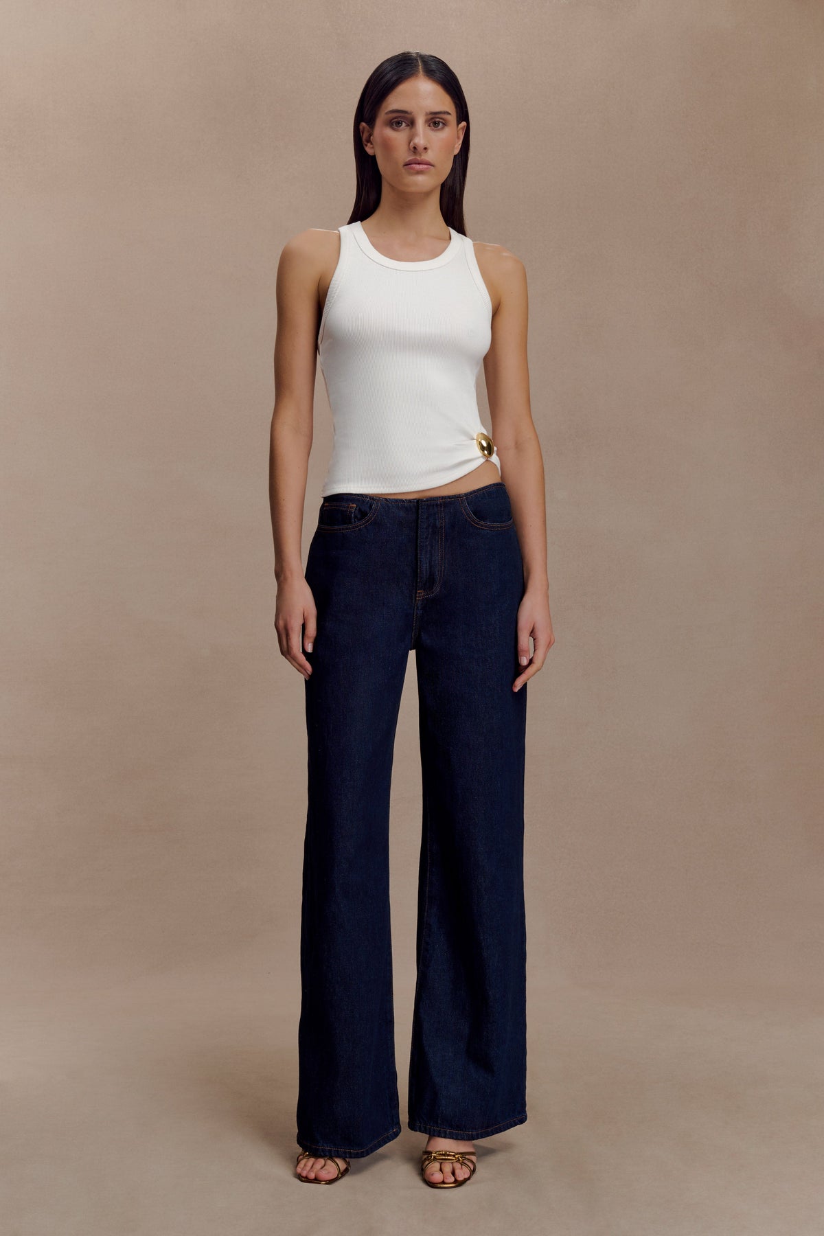Lola Ribbed Sleeveless Top With Hardware - White