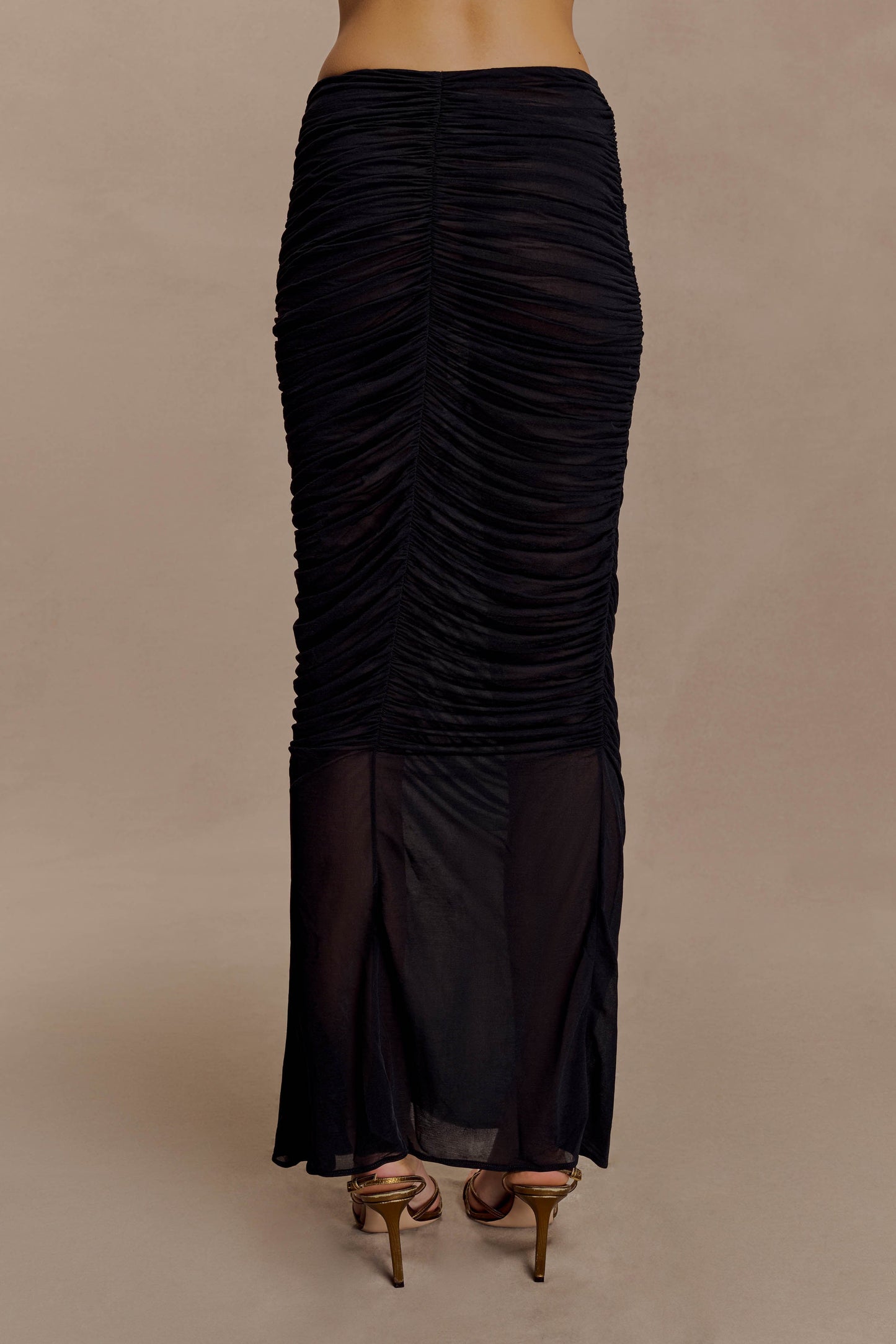 Matilda Ruched Mesh Maxi Skirt - Black