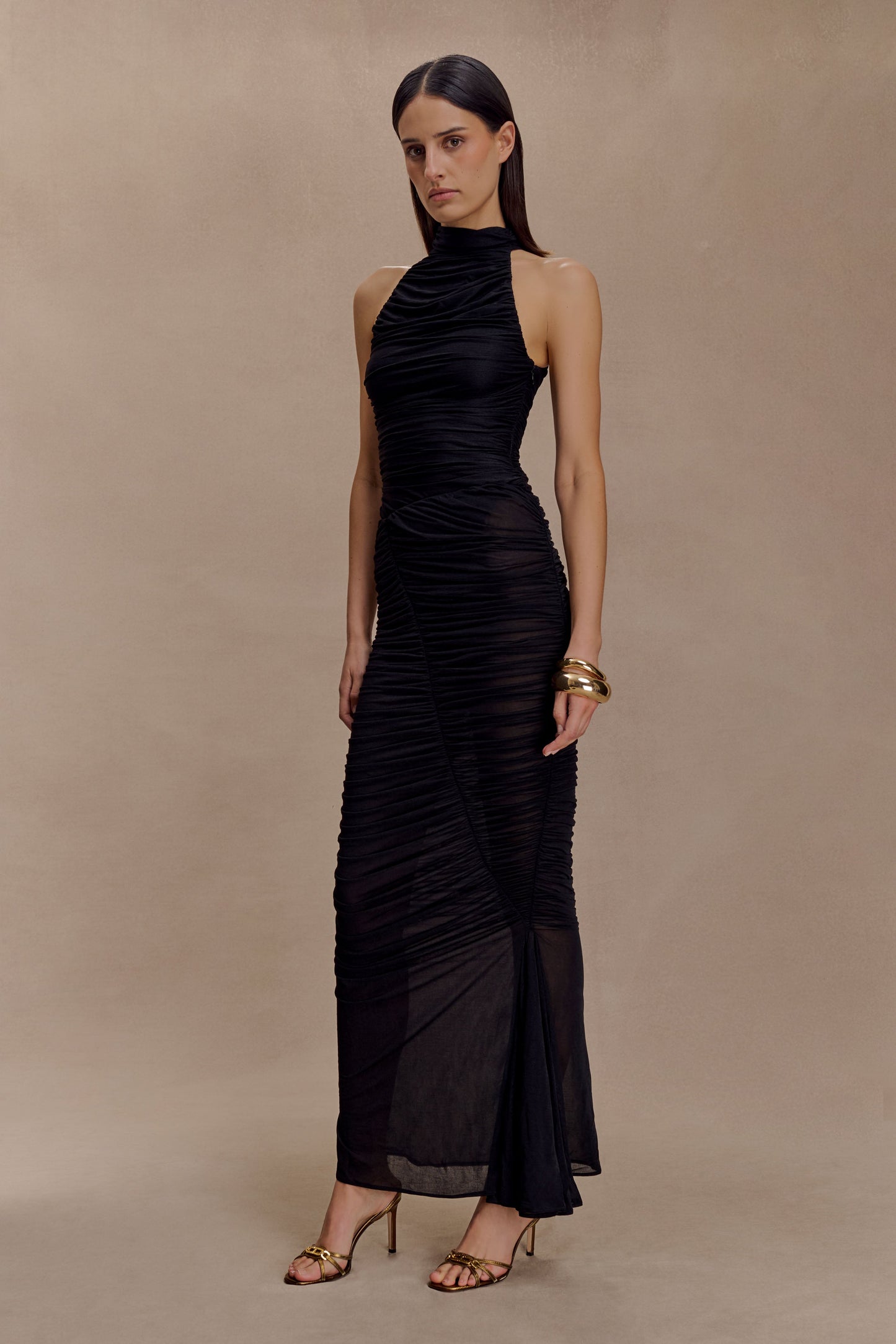 Matilda Ruched Mesh Maxi Skirt - Black