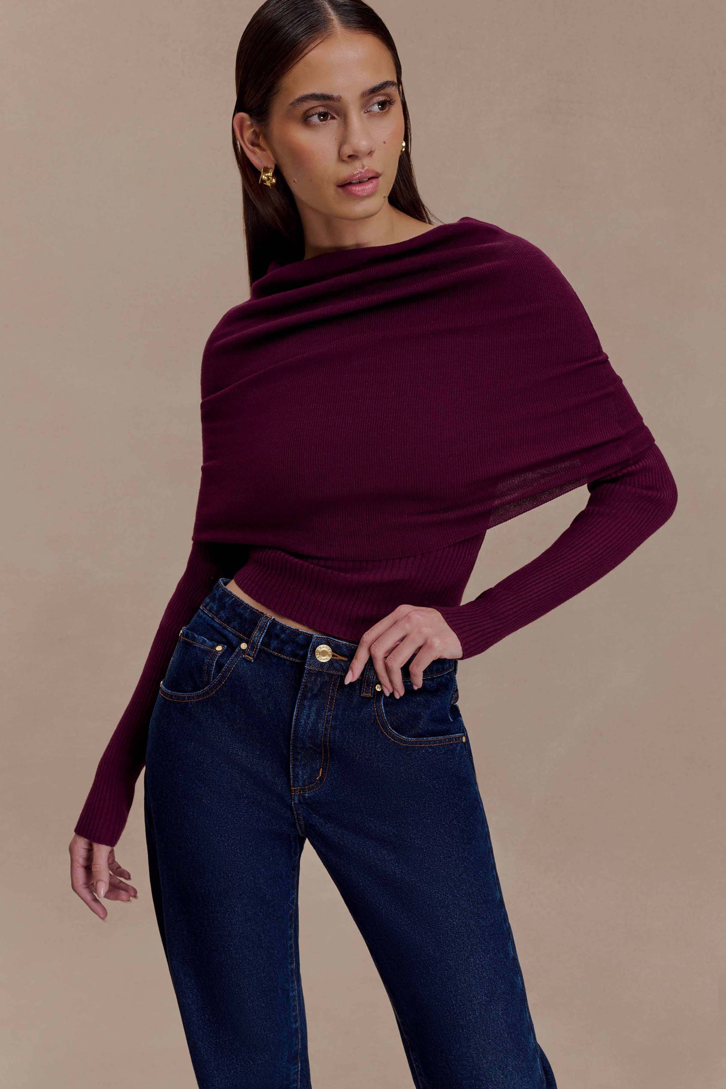 Mazie Asymetrical Cashmere Blend Long Sleeve Knit Top - Plum