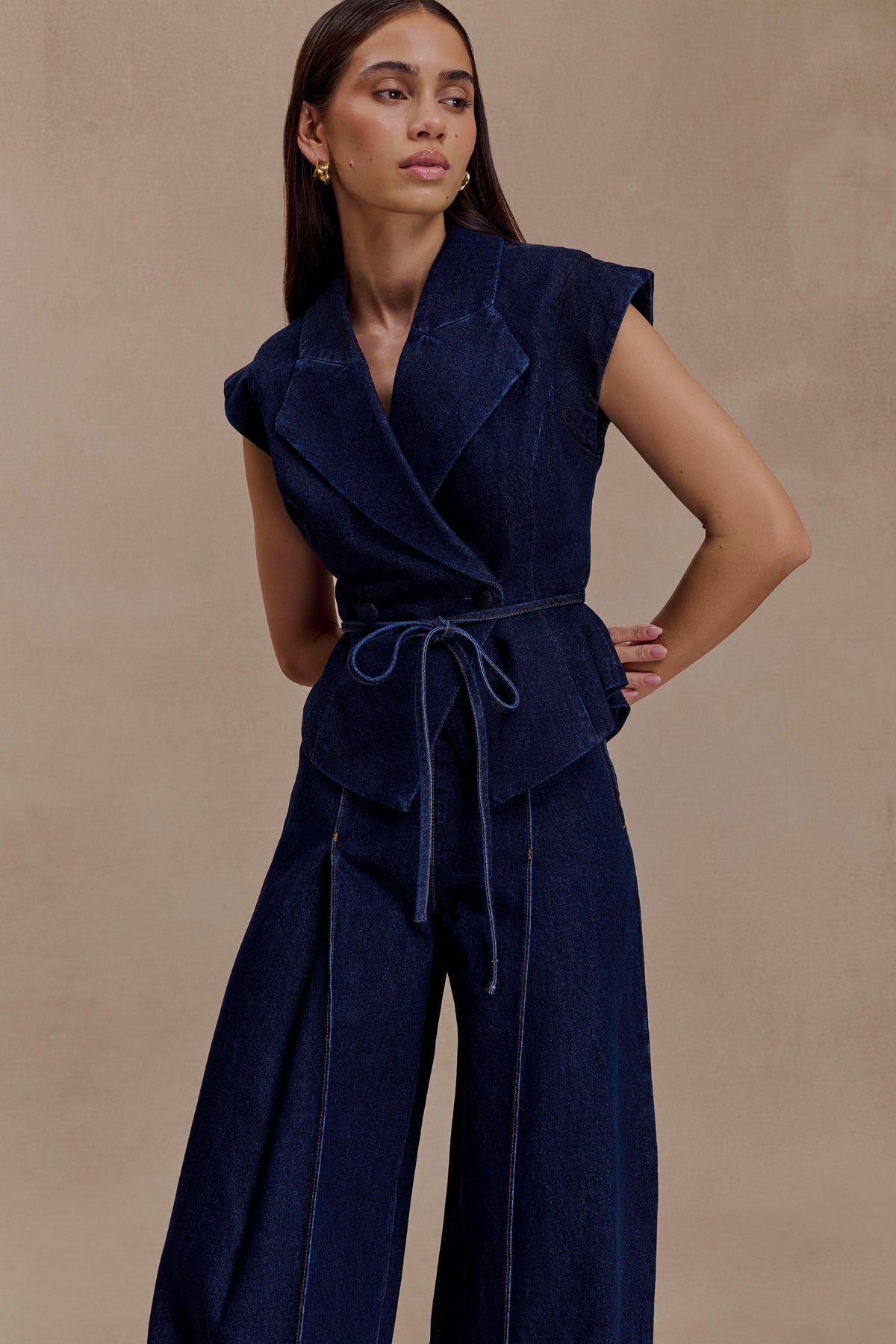 Charley Structured Tie Denim Top - Indigo Blue