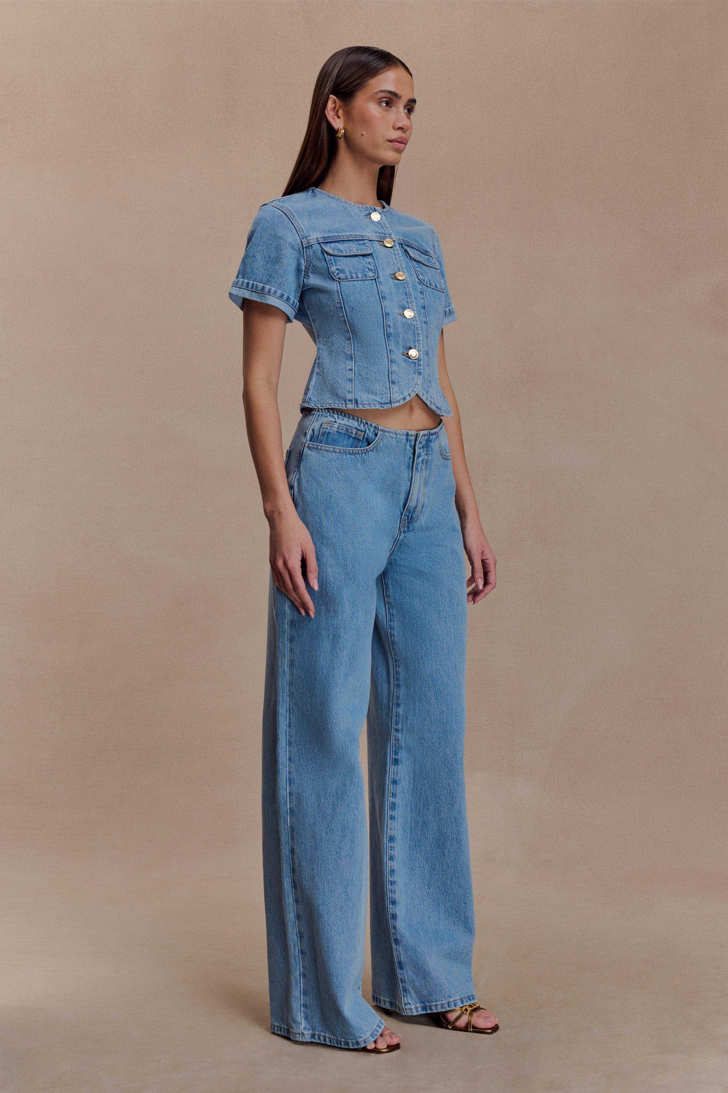 Marge Fitted Denim Short Sleeve Top - Classic Blue