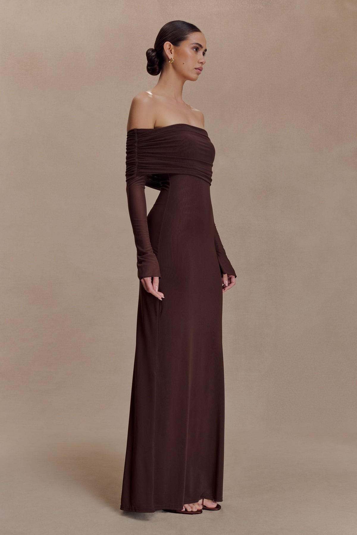 Josie Off Shoulder Mesh Maxi Dress - Dark Brown