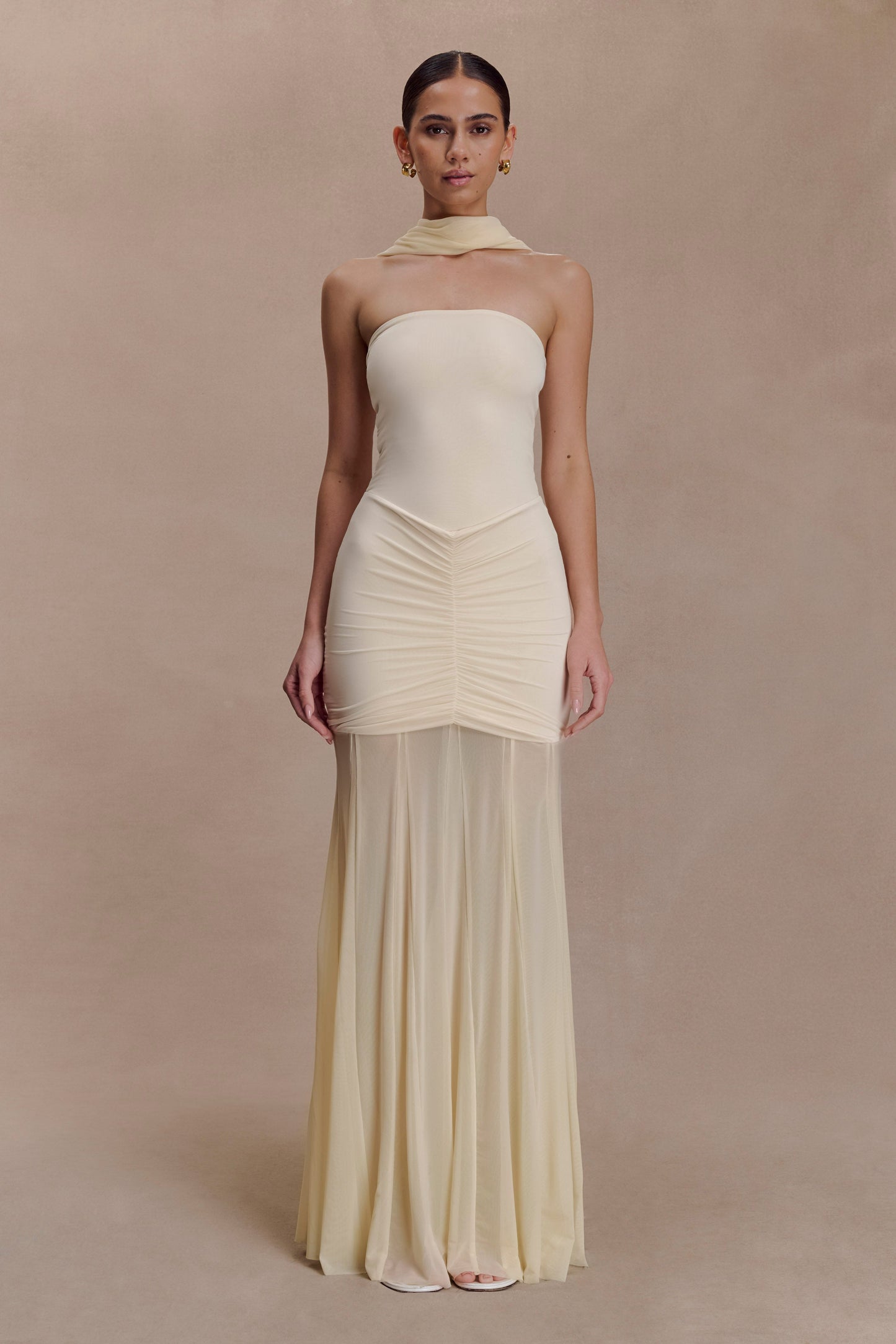 Caspian Slinky And Mesh Off Shoulder Maxi Dress - Ivory