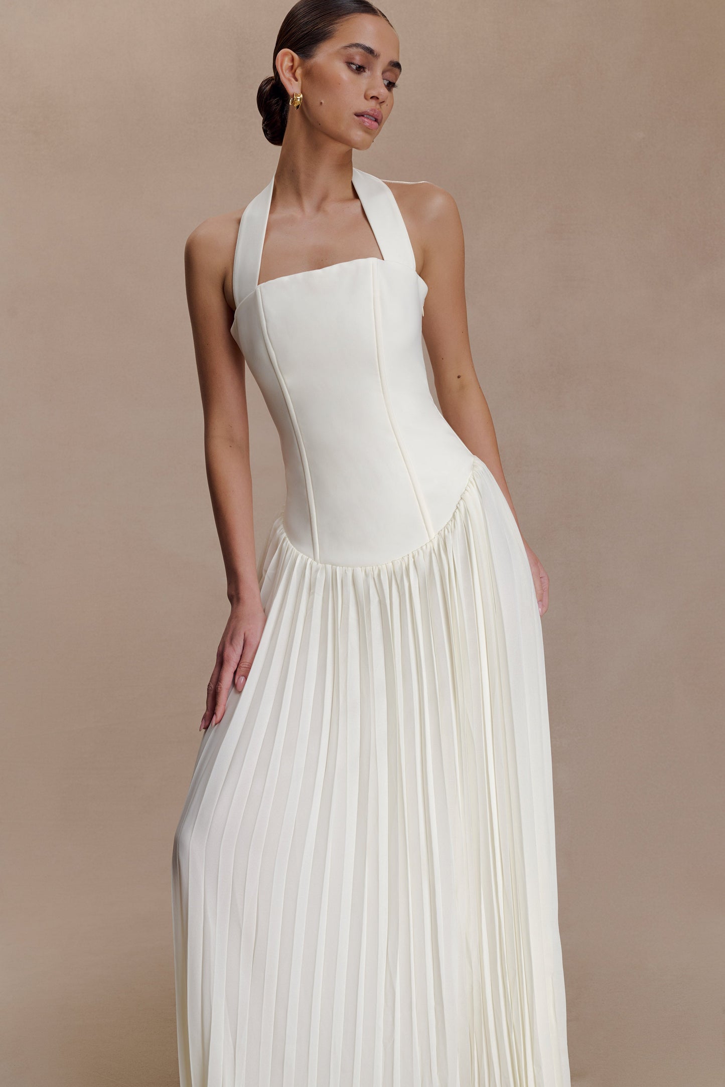 Stacie Pleated Halter Maxi Dress - Ivory