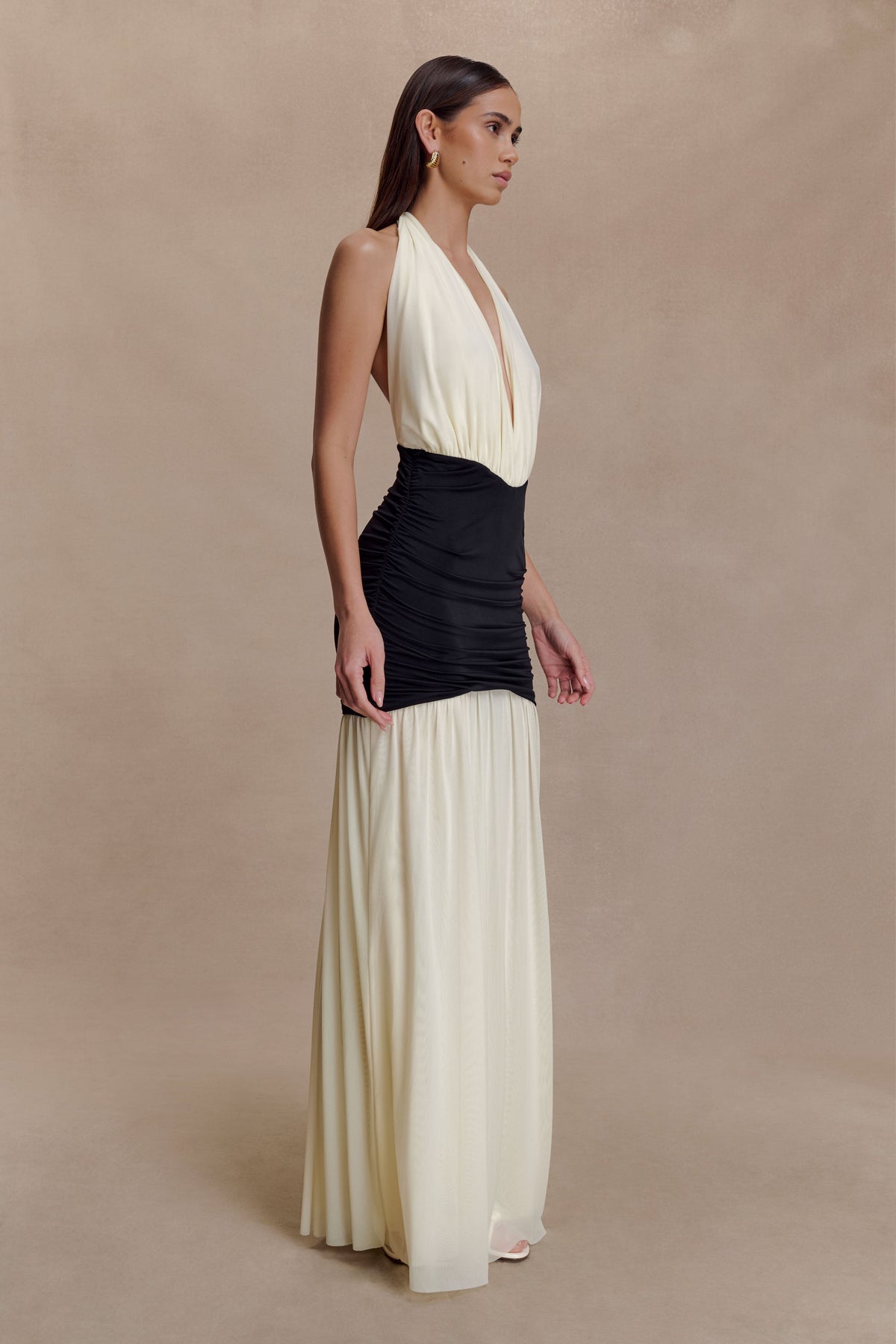 Hailee Slinky And Mesh Halter Maxi Dress - Black/White