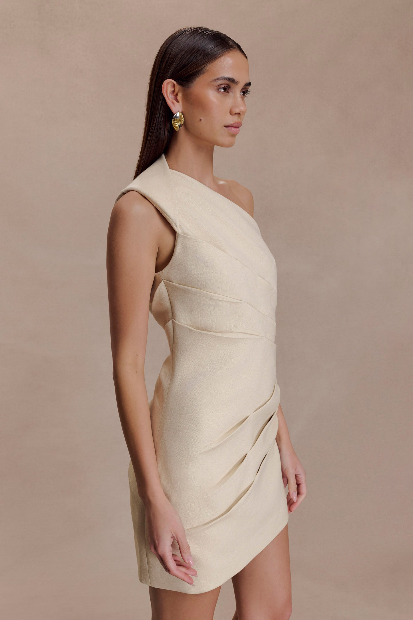 Helena One Shoulder Linen Mini Dress - Natural Beige