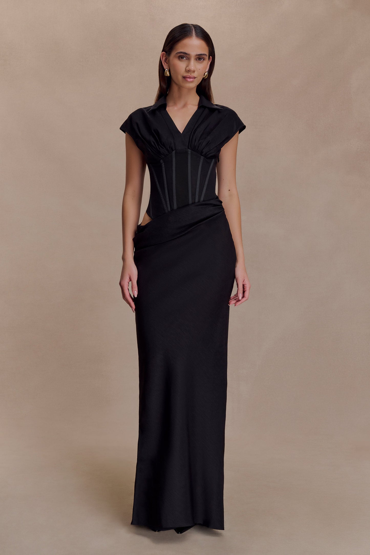 Saphira Shirt Corset Maxi Dress - Black