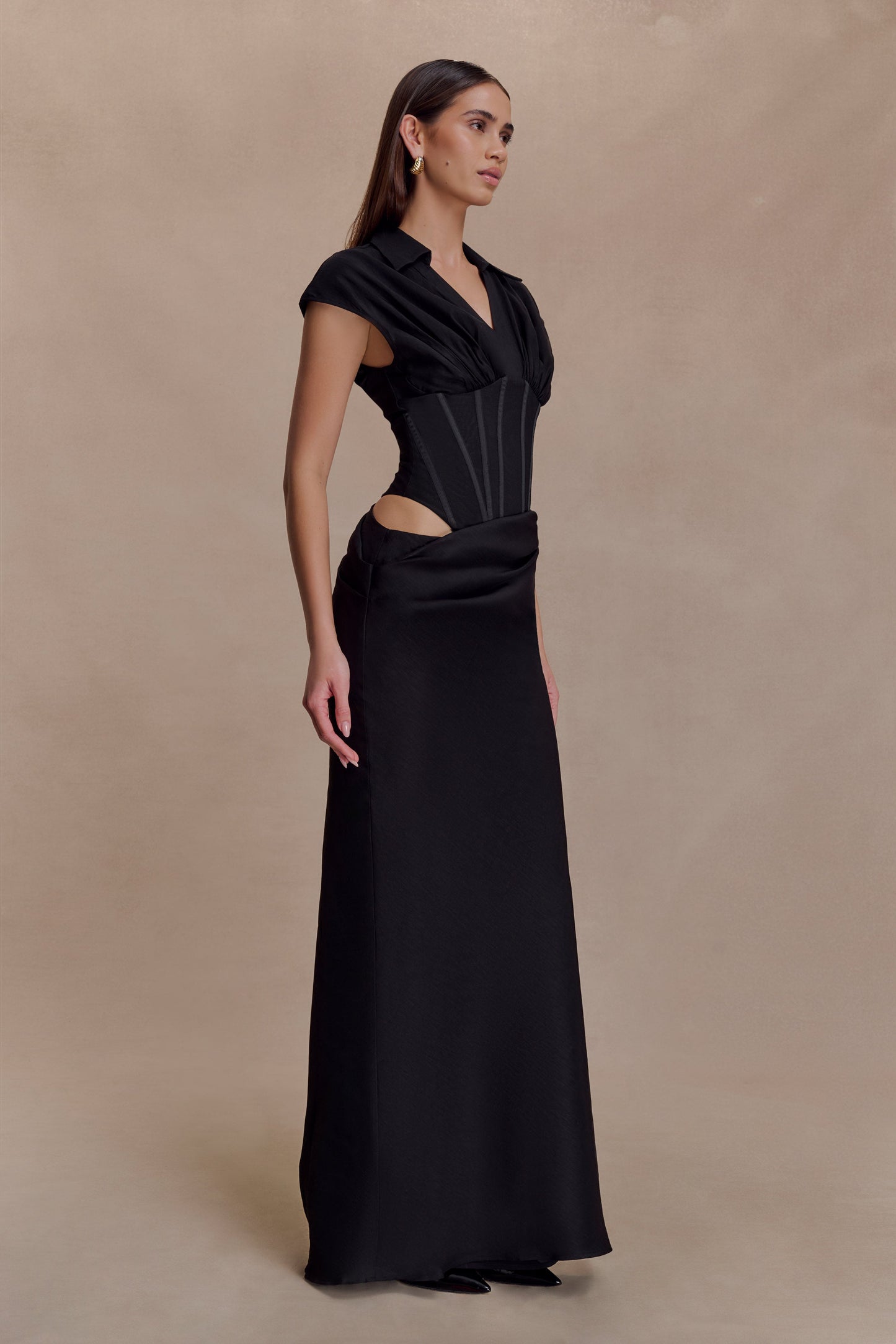 Saphira Shirt Corset Maxi Dress - Black