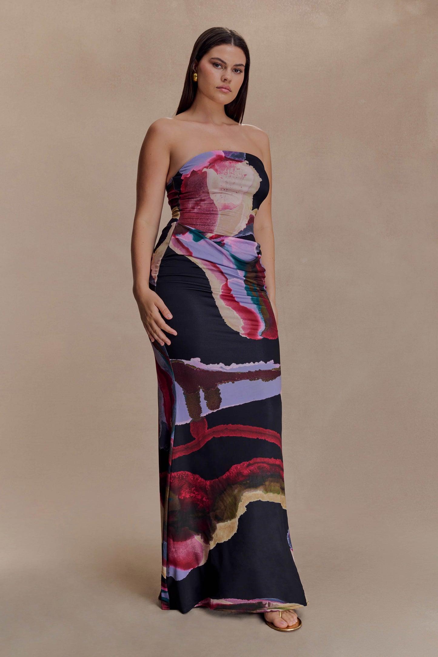 Madison Strapless Slinky Maxi Dress - Multi Fluid Reverie Print