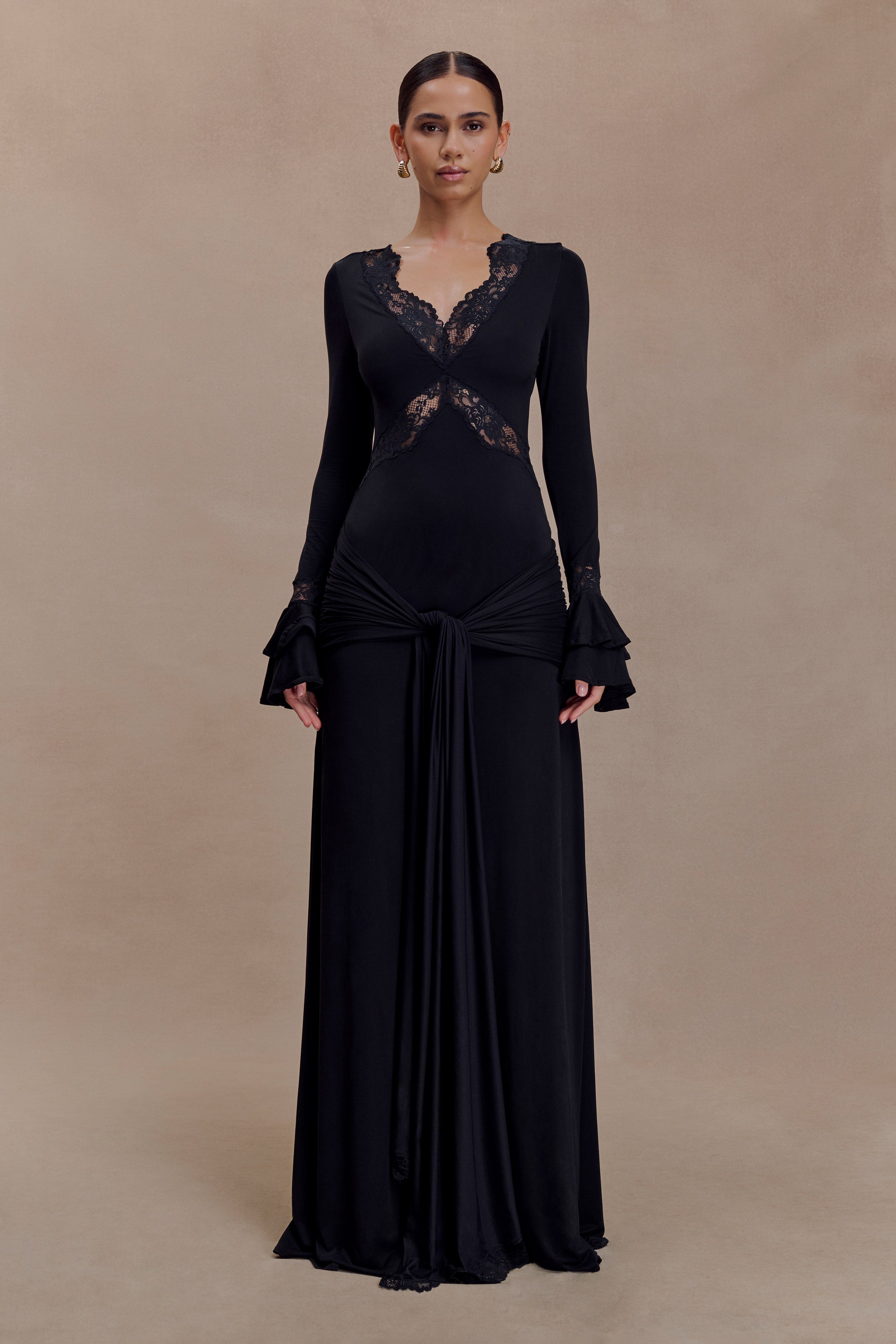 Electra Slinky Lace Maxi Dress / Black | MESHKI | S Electra Slinky Lace Maxi Dress / Black | MESHKI | S