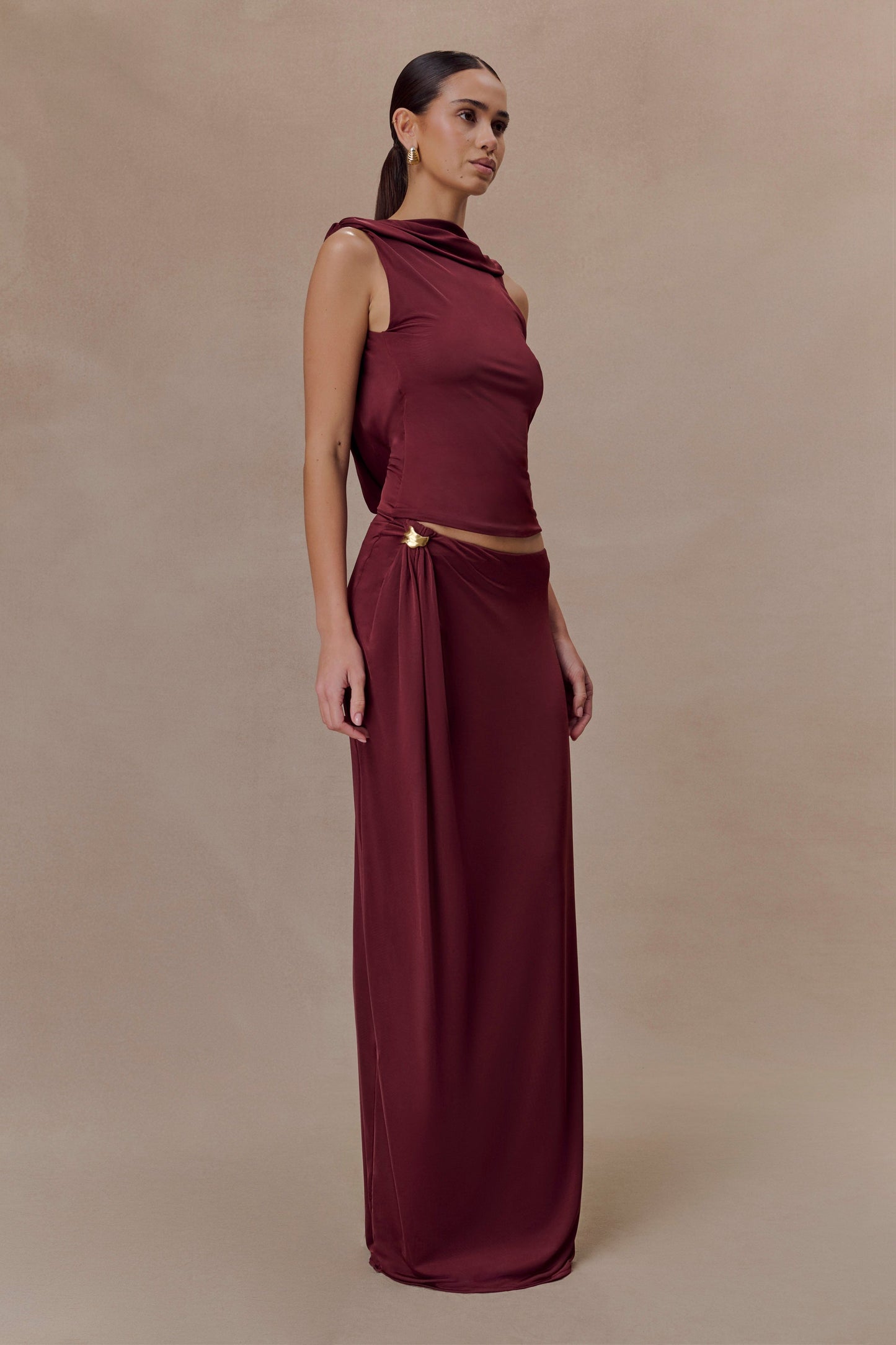 Bridget Slinky Maxi Skirt With Hardware - Burgundy