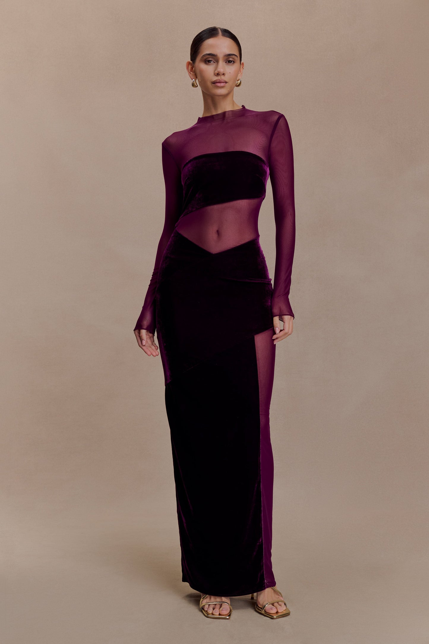 Davina Velvet And Mesh Maxi Dress - Purple