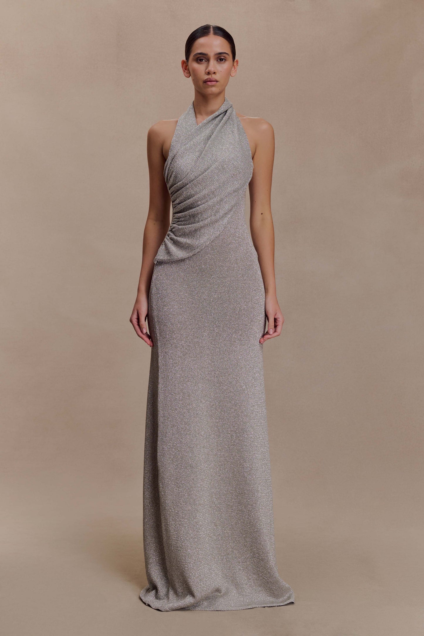 Elma Lurex Knit Halter Maxi Dress - Silver