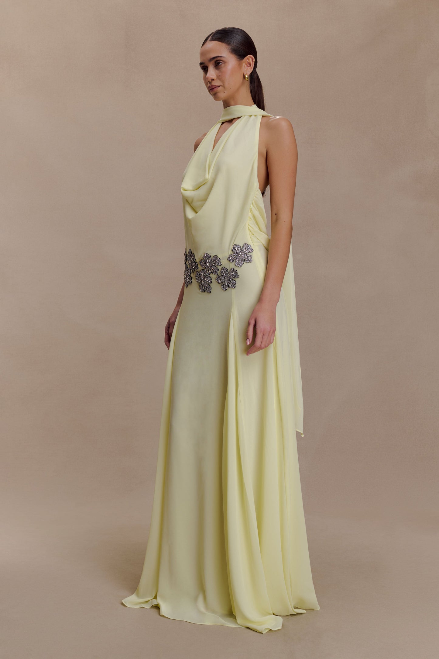 Santal Floral Chiffon Halter Maxi Dress - Lemon