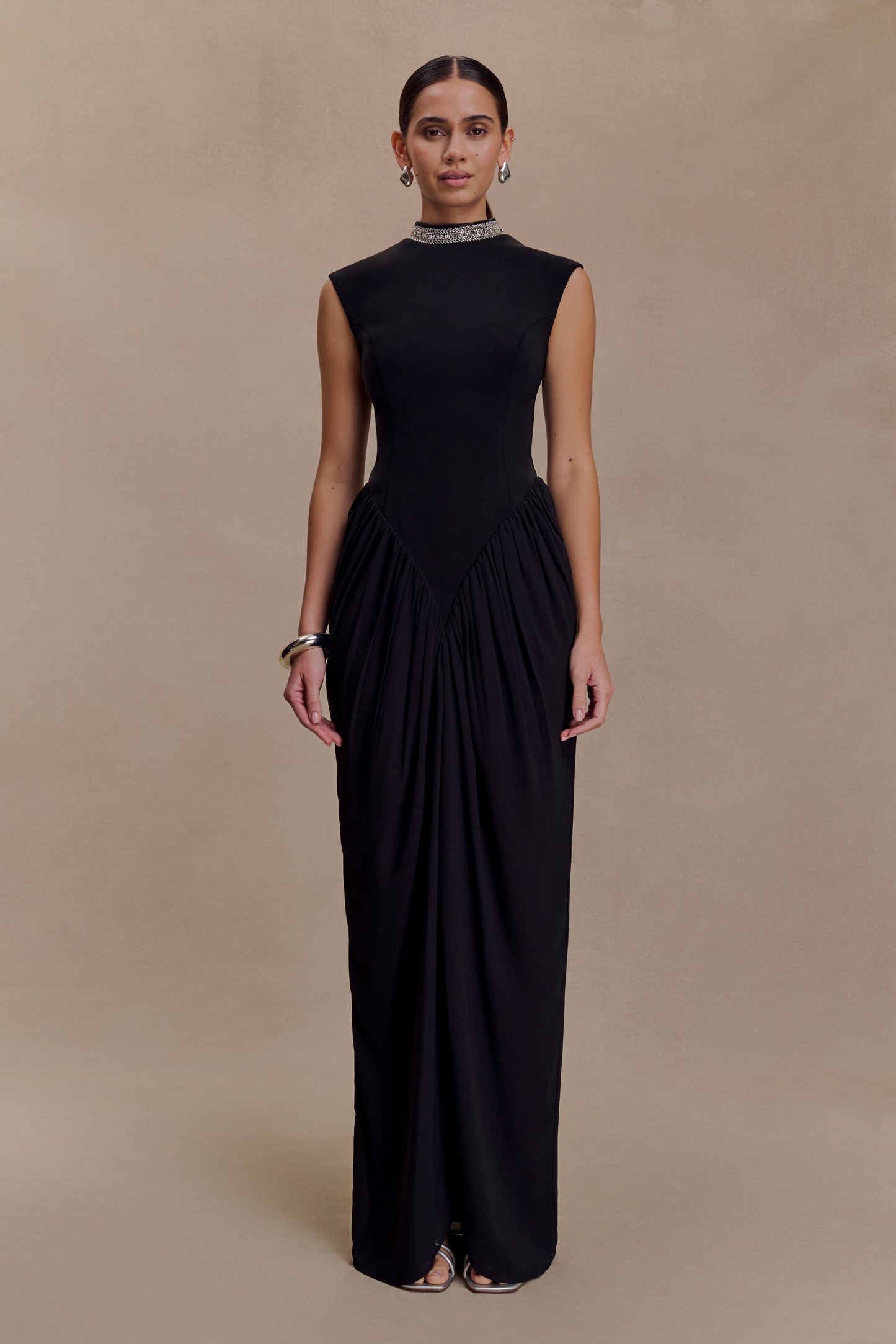 Elisa Diamante Neck Maxi Dress - Black