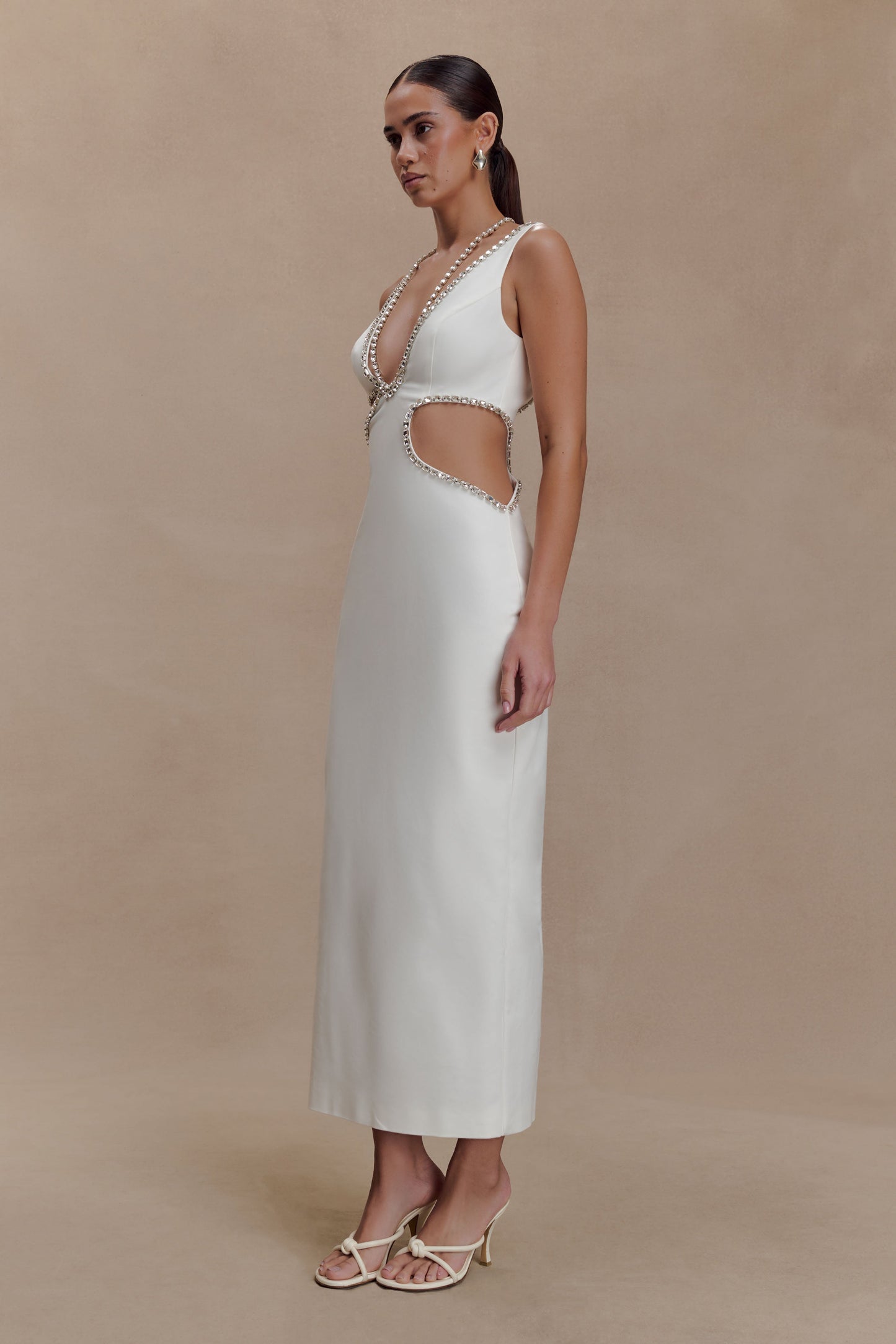 Henny Diamante Trim Cut Out Midi Dress - White