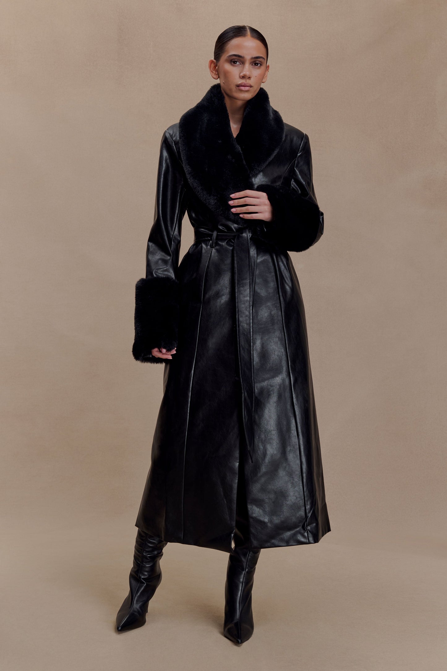 Bec Faux Leather Trench Coat With Faux Fur - Black