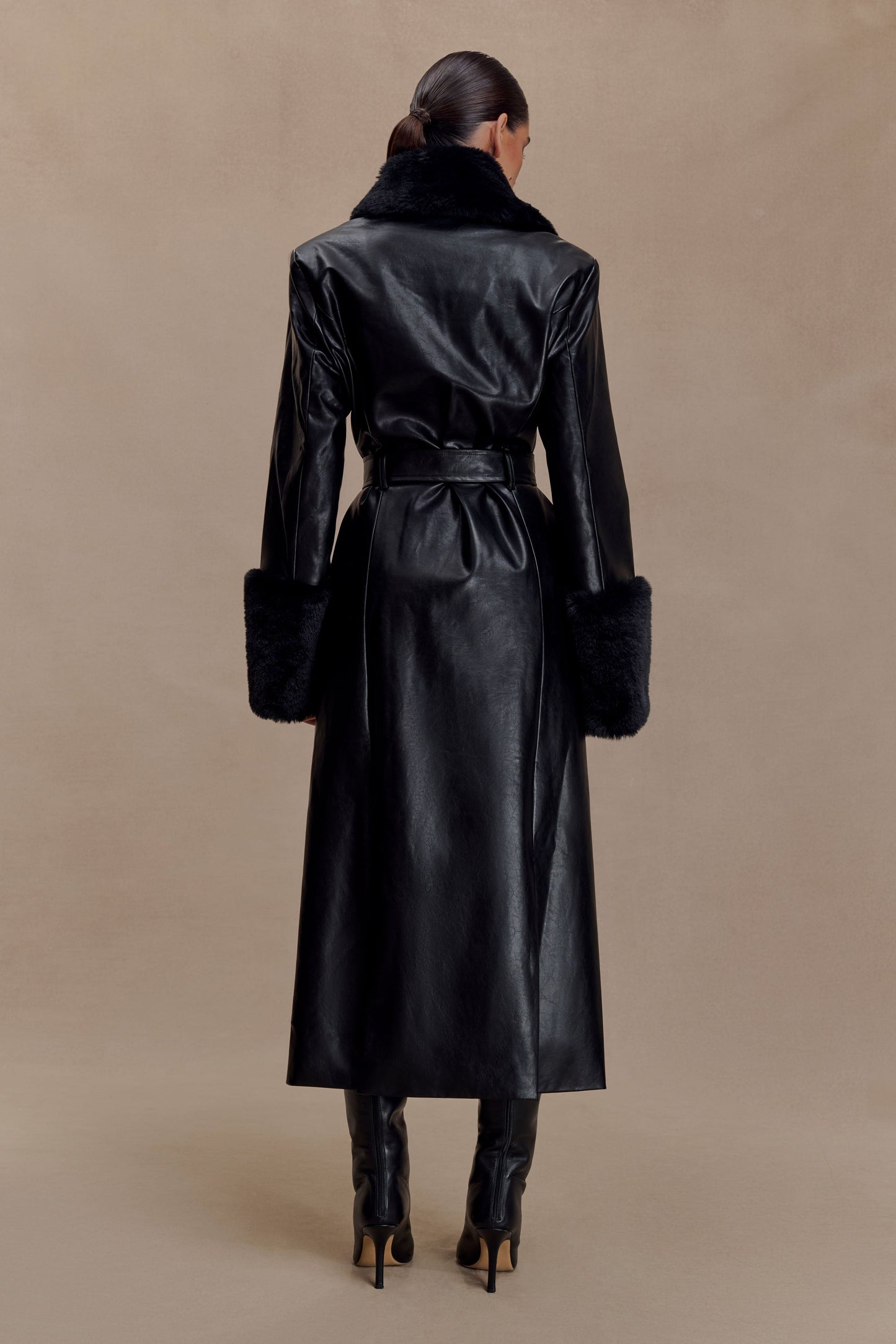 Bec Faux Leather Trench Coat With Faux Fur - Black