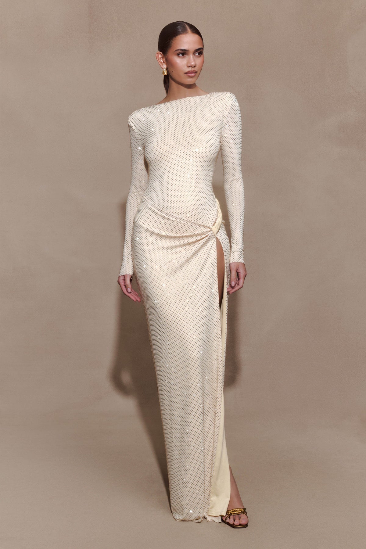 Deanna Long Sleeve Diamante Maxi Dress - Gold