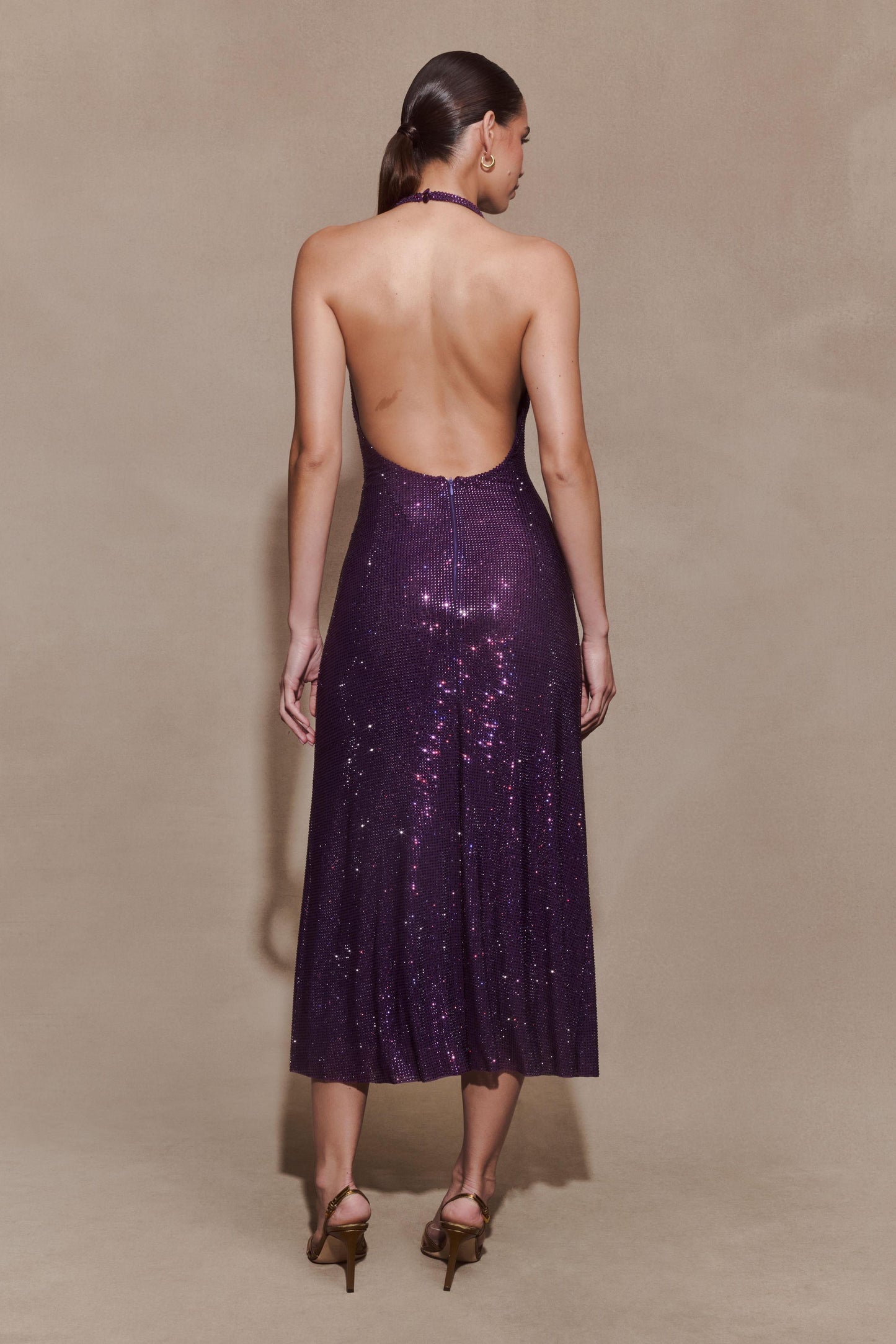 Genie Diamante Halter Midi Dress - Purple