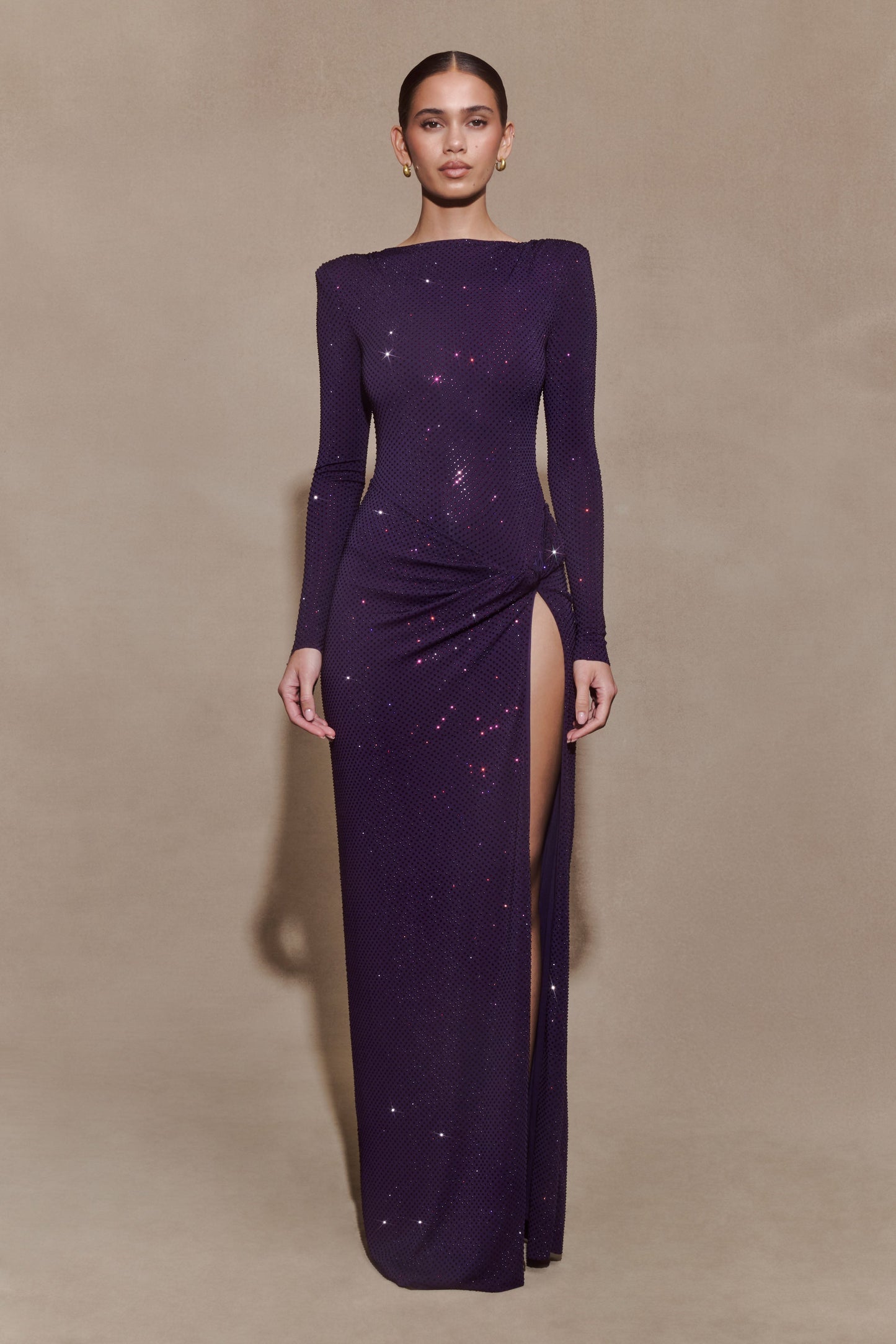 Deanna Long Sleeve Diamante Maxi Dress - Purple