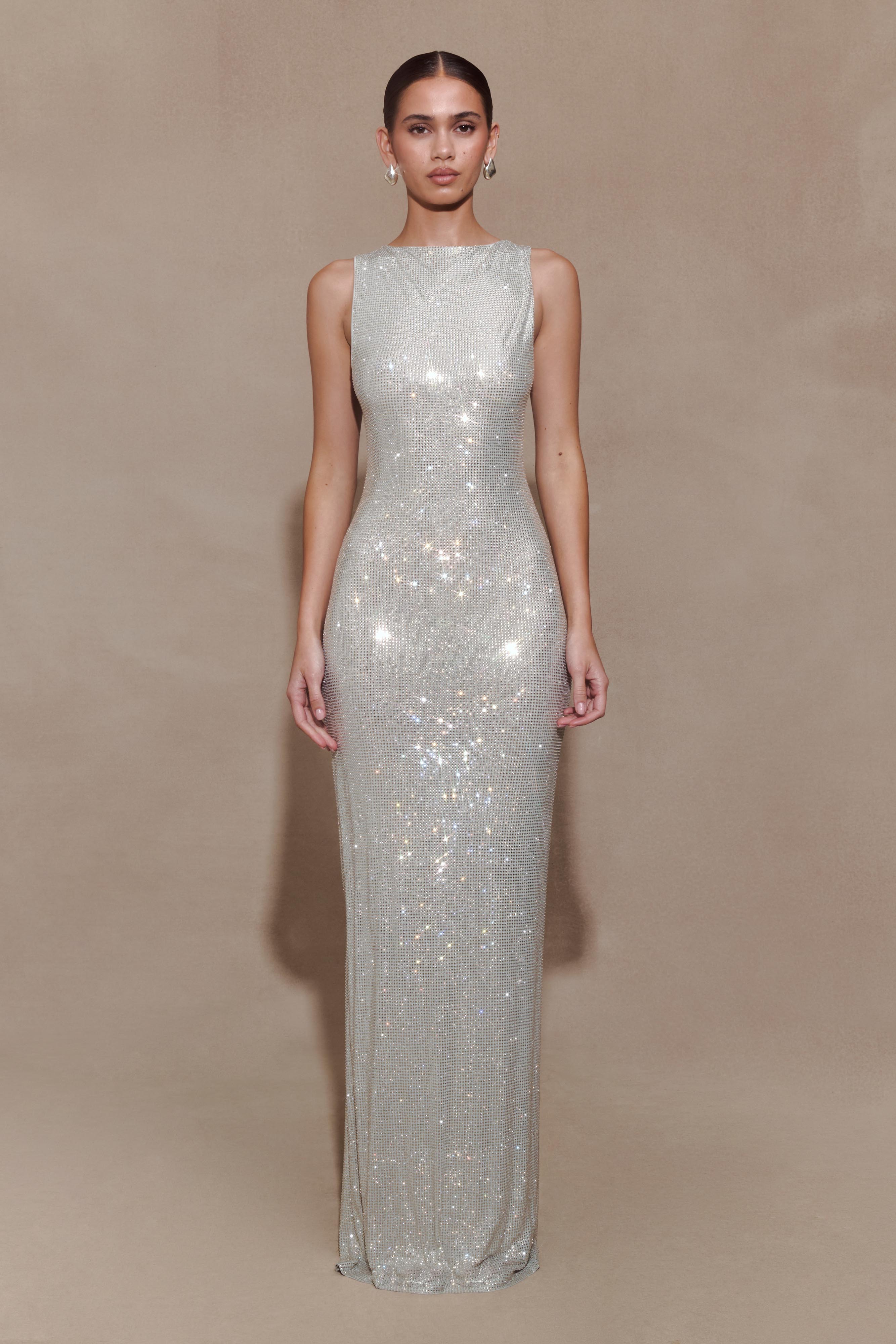 Magnolia Sleeveless Diamante Maxi Dress / Silver | MESHKI | XL Magnolia Sleeveless Diamante Maxi Dress / Silver | MESHKI | XL